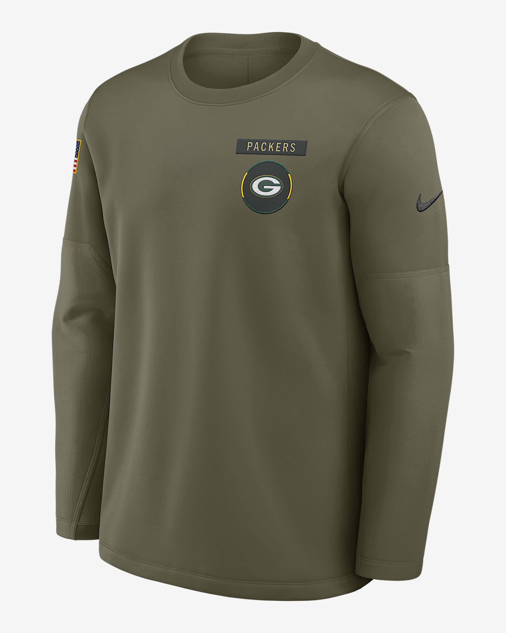 Sudadera de cuello redondo sin cierre Nike Dri-FIT de la NFL para hombre Green Bay Packers Salute to Service Sideline Triumphant Win Coach - Oliva