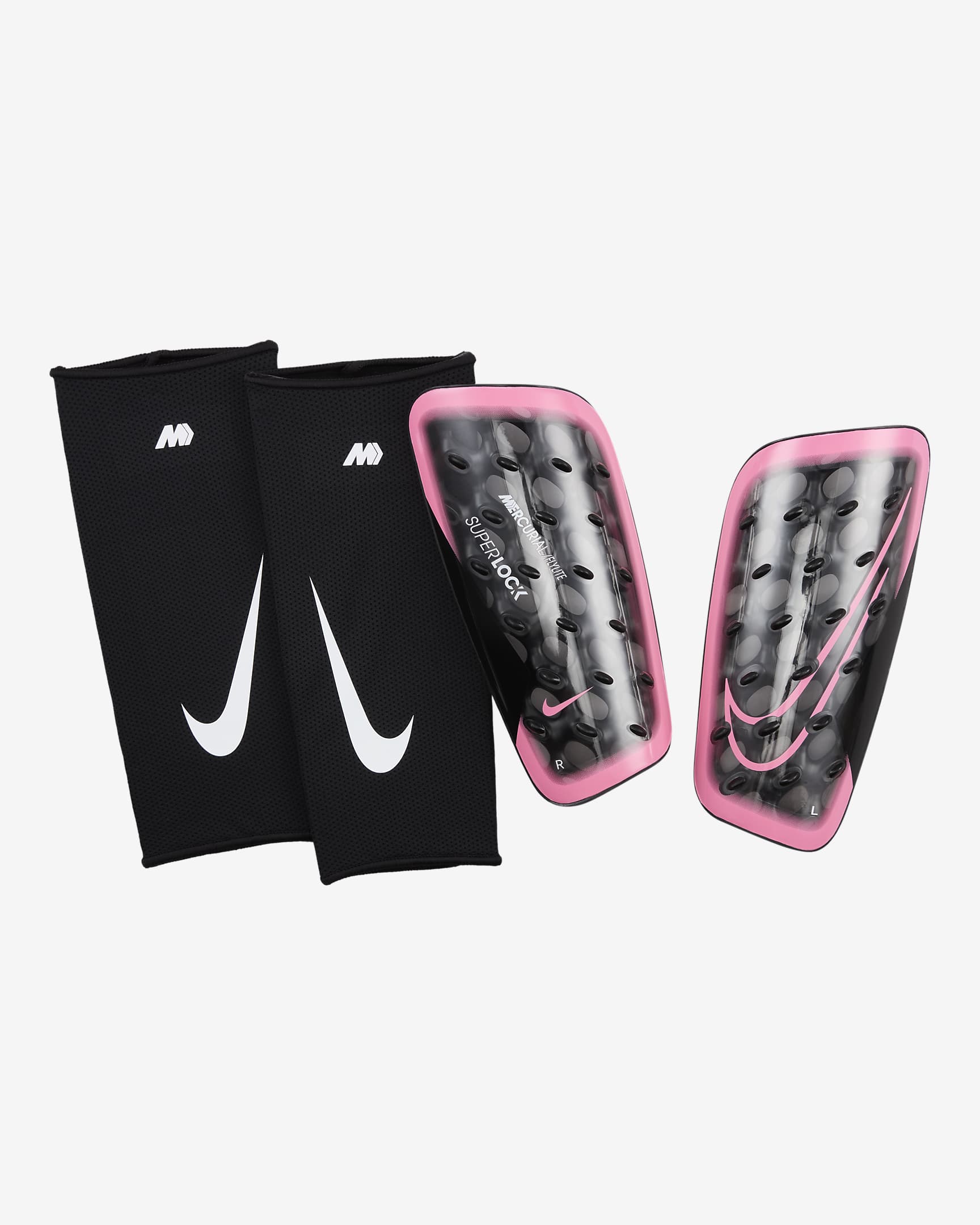 Nike Mercurial FlyLite SuperLock leggskinn til fotball - Sunset Pulse/Svart/Sunset Pulse