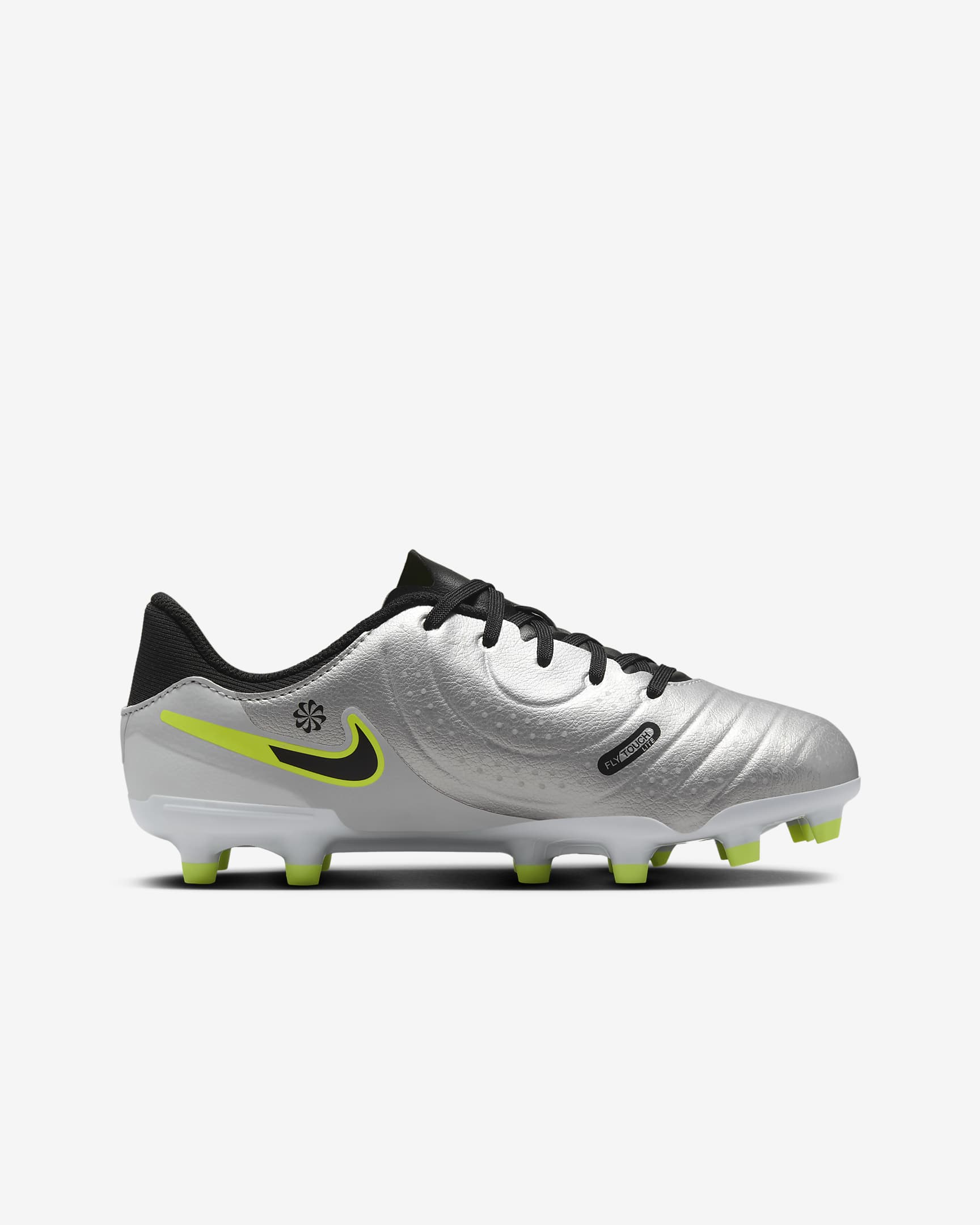 Nike Jr. Tiempo Legend 10 Academy low-top voetbalschoenen voor kleuters/kids (meerdere ondergronden) - Metallic Silver/Volt/Zwart