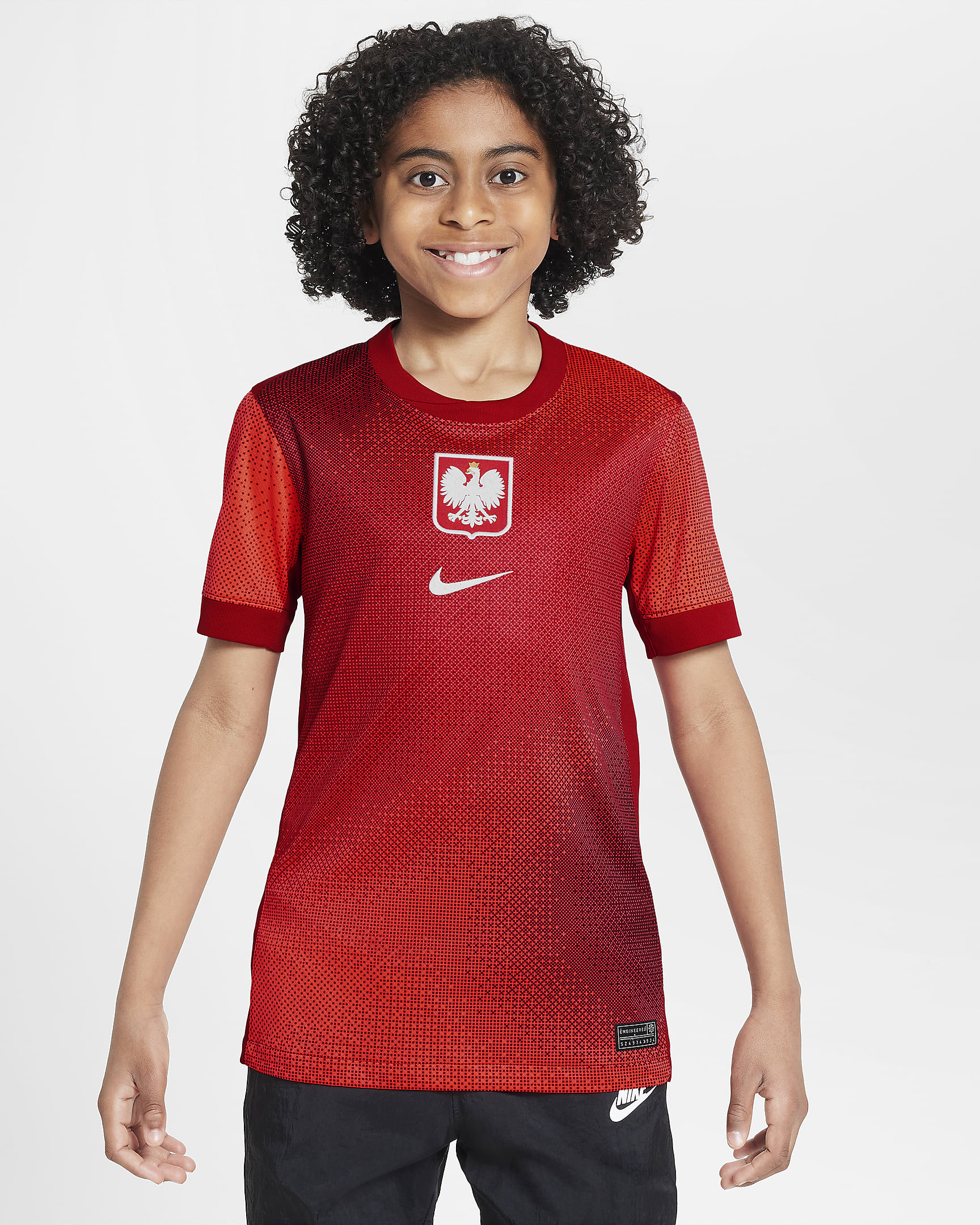 Lengyelország 2024/25 Stadium idegenbeli Nike Dri-FIT replika futballpóló nagyobb gyerekeknek - Bright Crimson/Gym Red/Team Red/Fehér