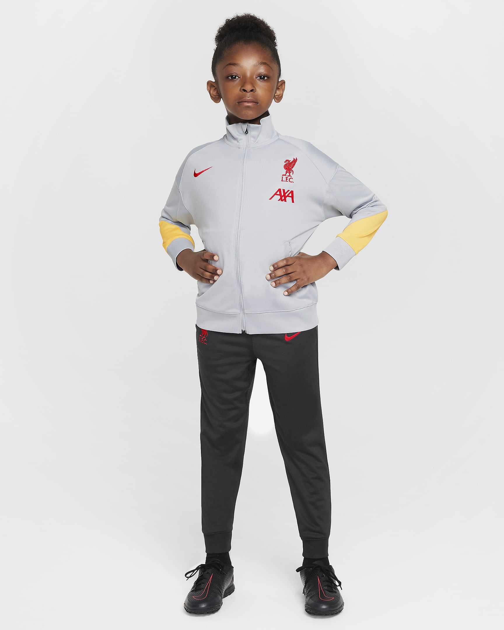 Liverpool F.C. Strike Third Younger Kids' Nike Dri-FIT Football Knit Tracksuit - Light Smoke Grey/Chrome Yellow/Dark Smoke Grey/Global Red