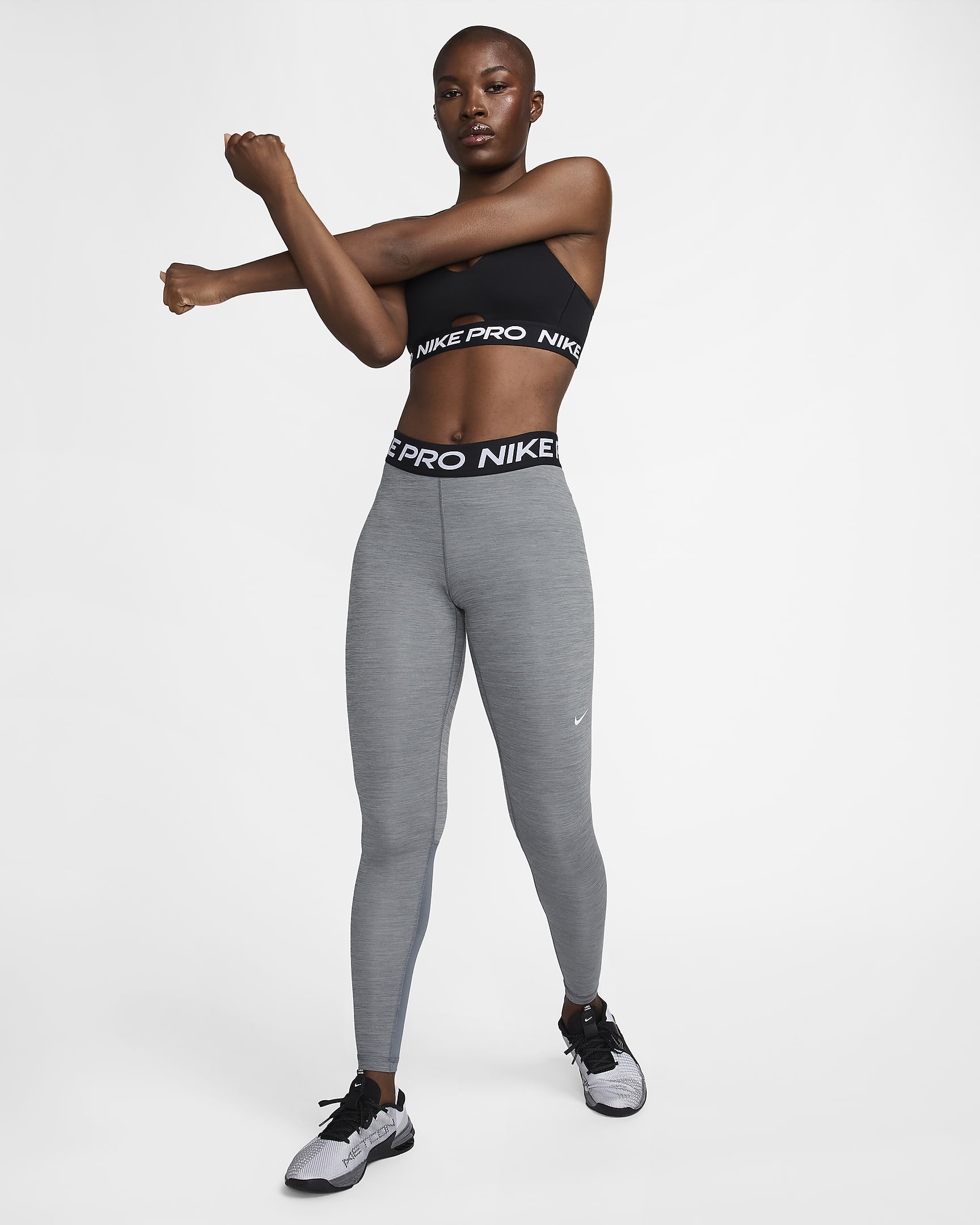 Nike Pro Leggings mit mittelhohem Bund und Mesh-Einsatz für Damen - Smoke Grey/Heather/Schwarz/Weiß