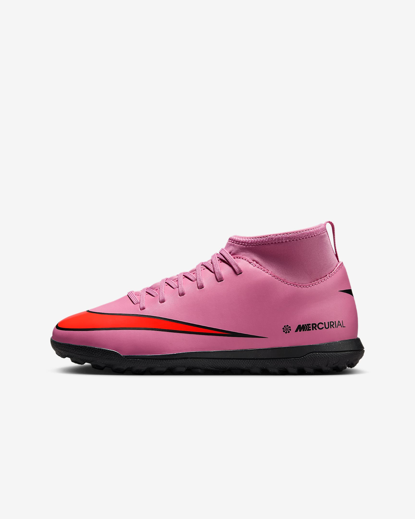 Tacos de fútbol para pasto sintético (turf) de corte high para niños de preescolar y grandes Nike Jr. Mercurial Superfly 10 Club - Flamenco mágico/Carmesí total/Negro