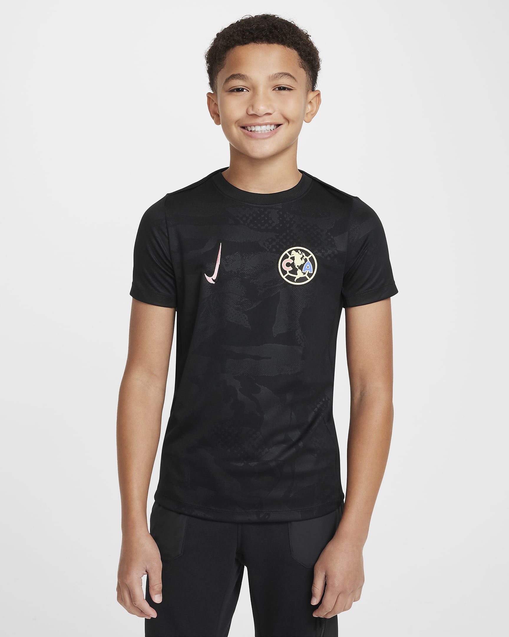 Club América Academy Pro Third Big Kids' Nike Dri-FIT Soccer Pre-Match Top - Black/Black/Coral Chalk