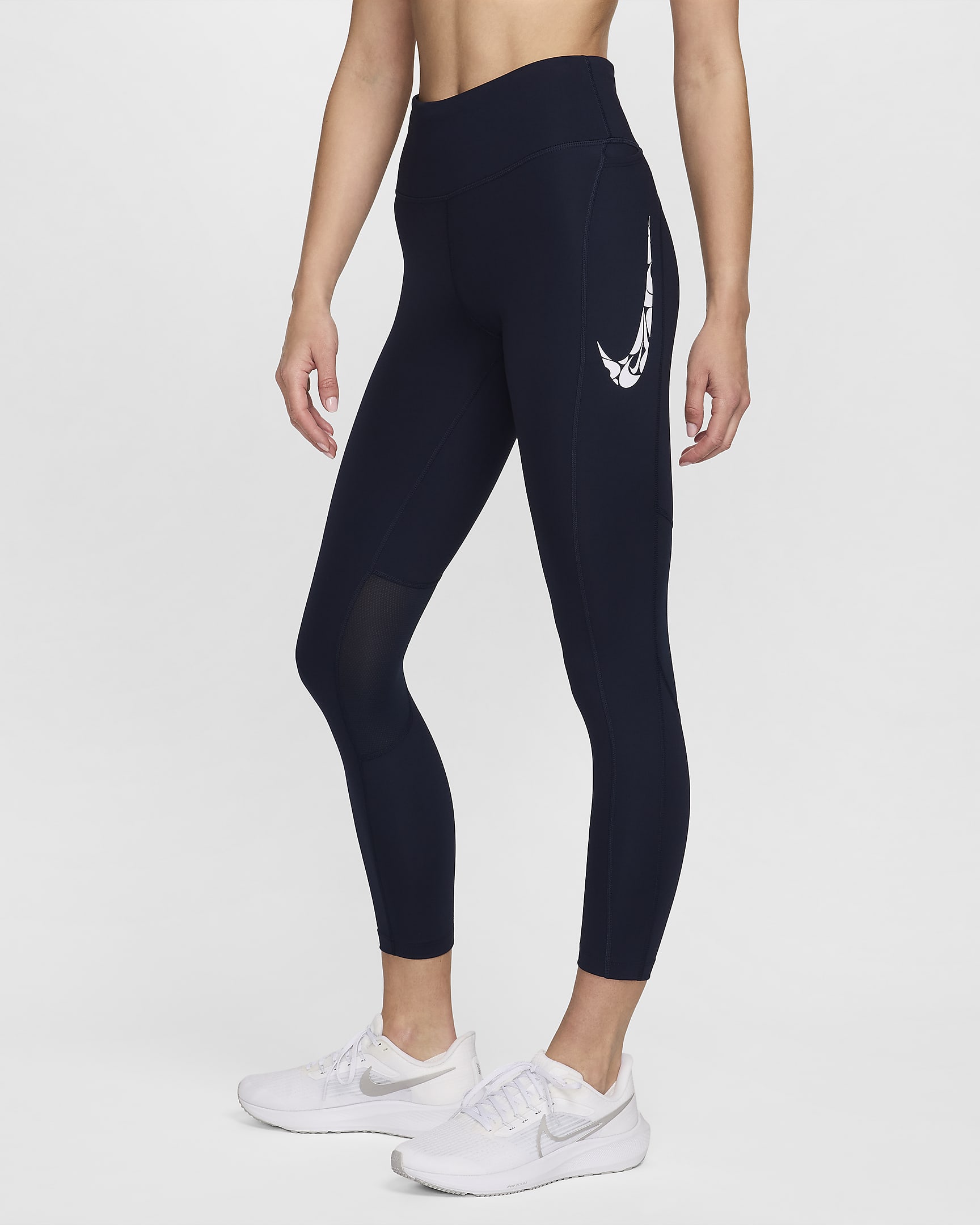 Damskie legginsy 7/8 ze średnim stanem i kieszeniami do biegania Nike Fast - Obsidian/Biel