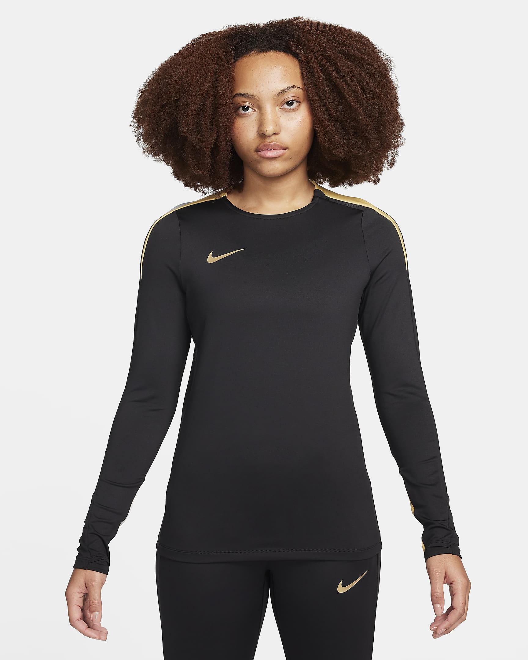 Nike Strike Dri-FIT fotballoverdel med rund hals til dame - Svart/Jersey Gold/Metallic Gold