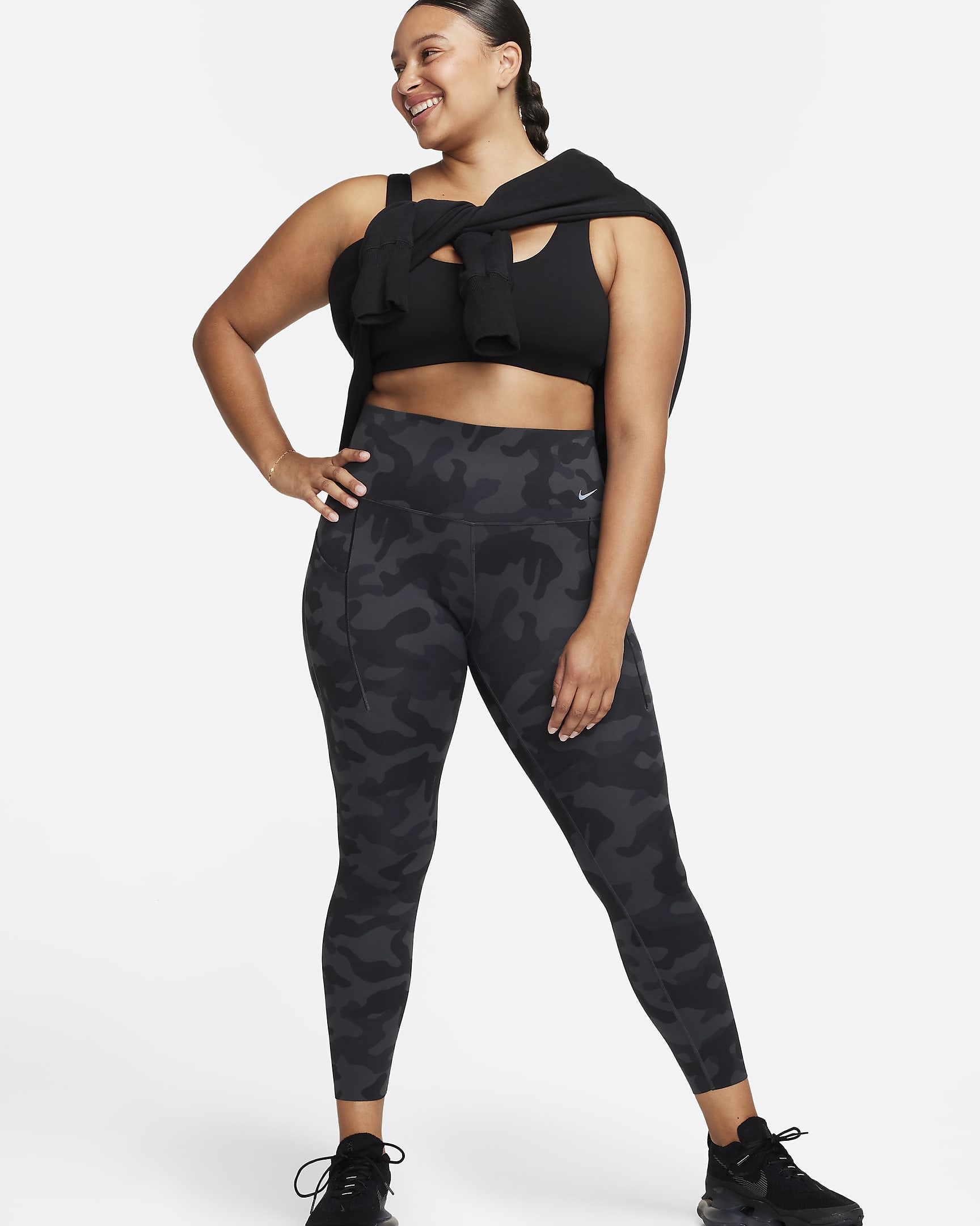Nike Universa Women's Medium-Support High-Waisted 7/8 Camo Leggings with Pockets - Off Noir/Black