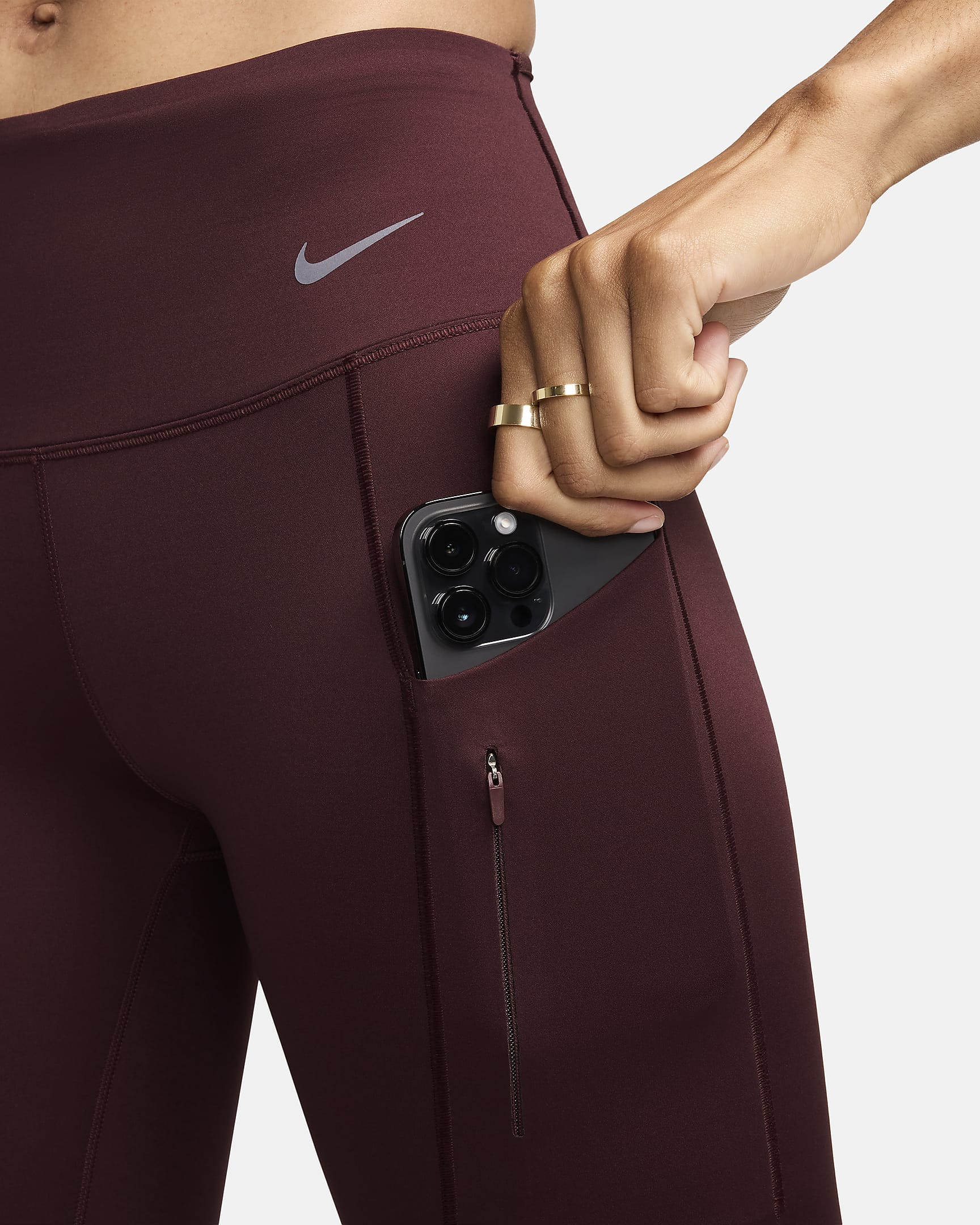 Nike Go Leggings in voller Länge mit starkem Halt, mittelhohem Bund und Taschen für Damen - Burgundy Crush/Schwarz