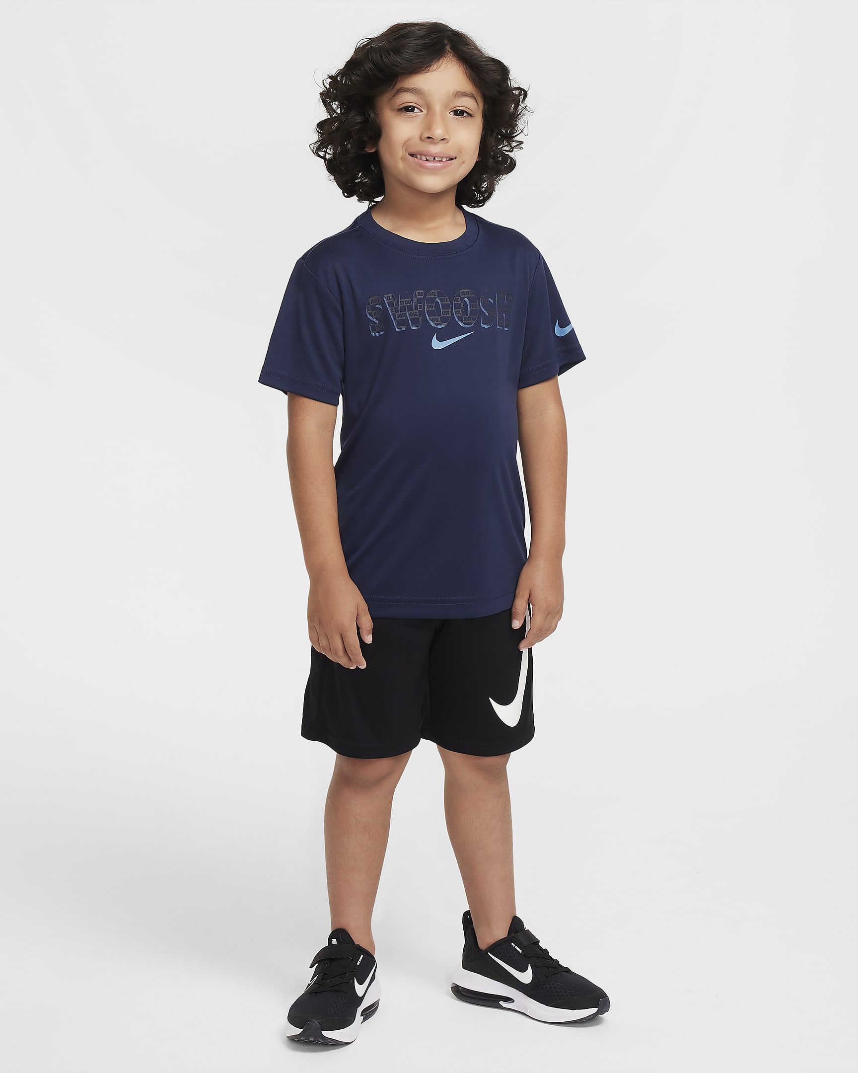 Playera Swoosh para niños talla pequeña Nike Dri-FIT "Just Do It" - Azul marino medianoche