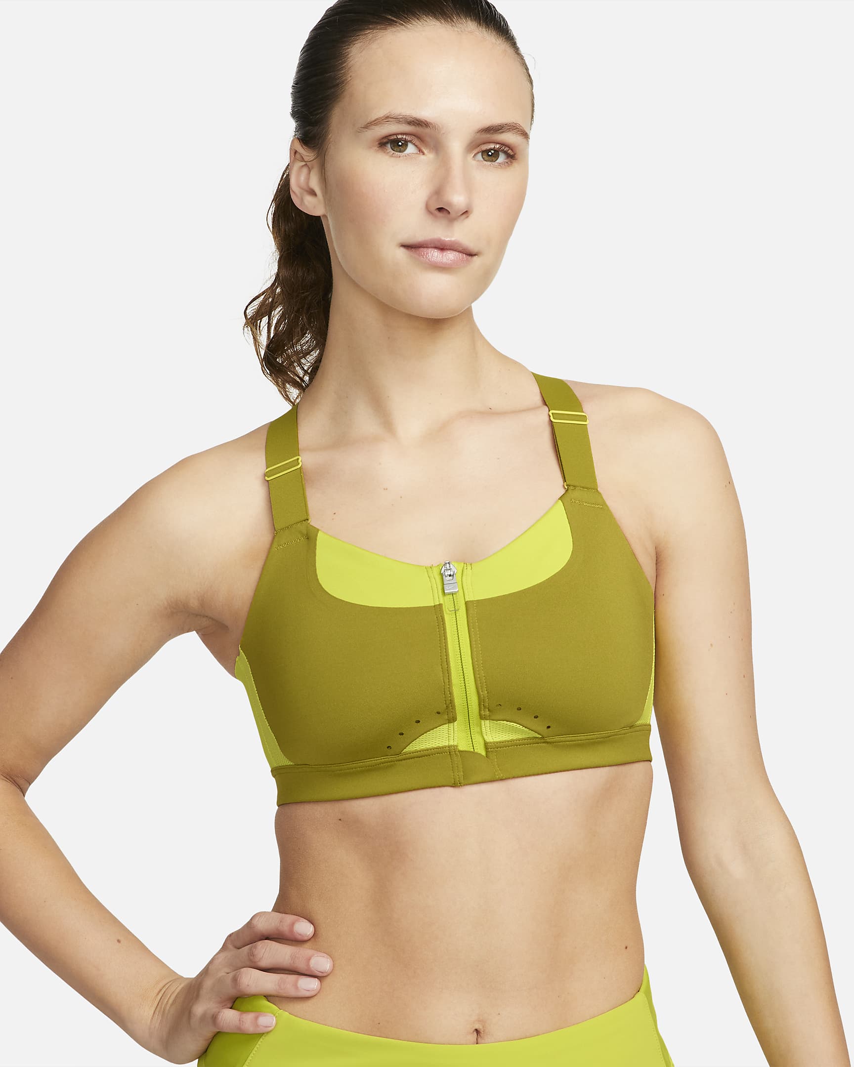 Nike Alpha Women's High-Support Padded Zip-Front Sports Bra - Moss/Bright Cactus/Moss