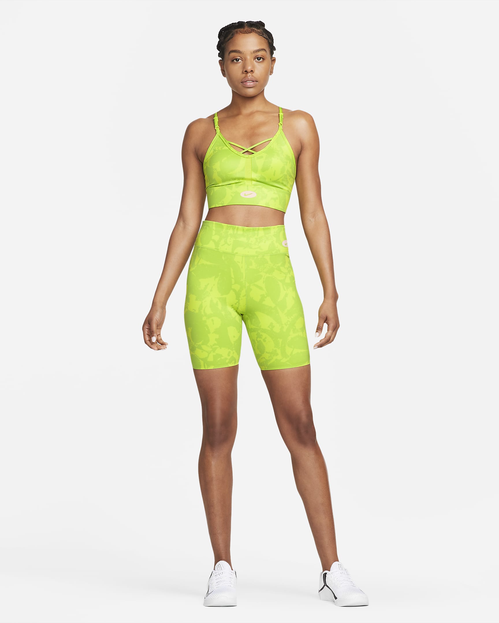 Nike Indy Icon Clash Women's Light-Support Padded Printed Sports Bra - Atomic Green/Atomic Green/Atmosphere