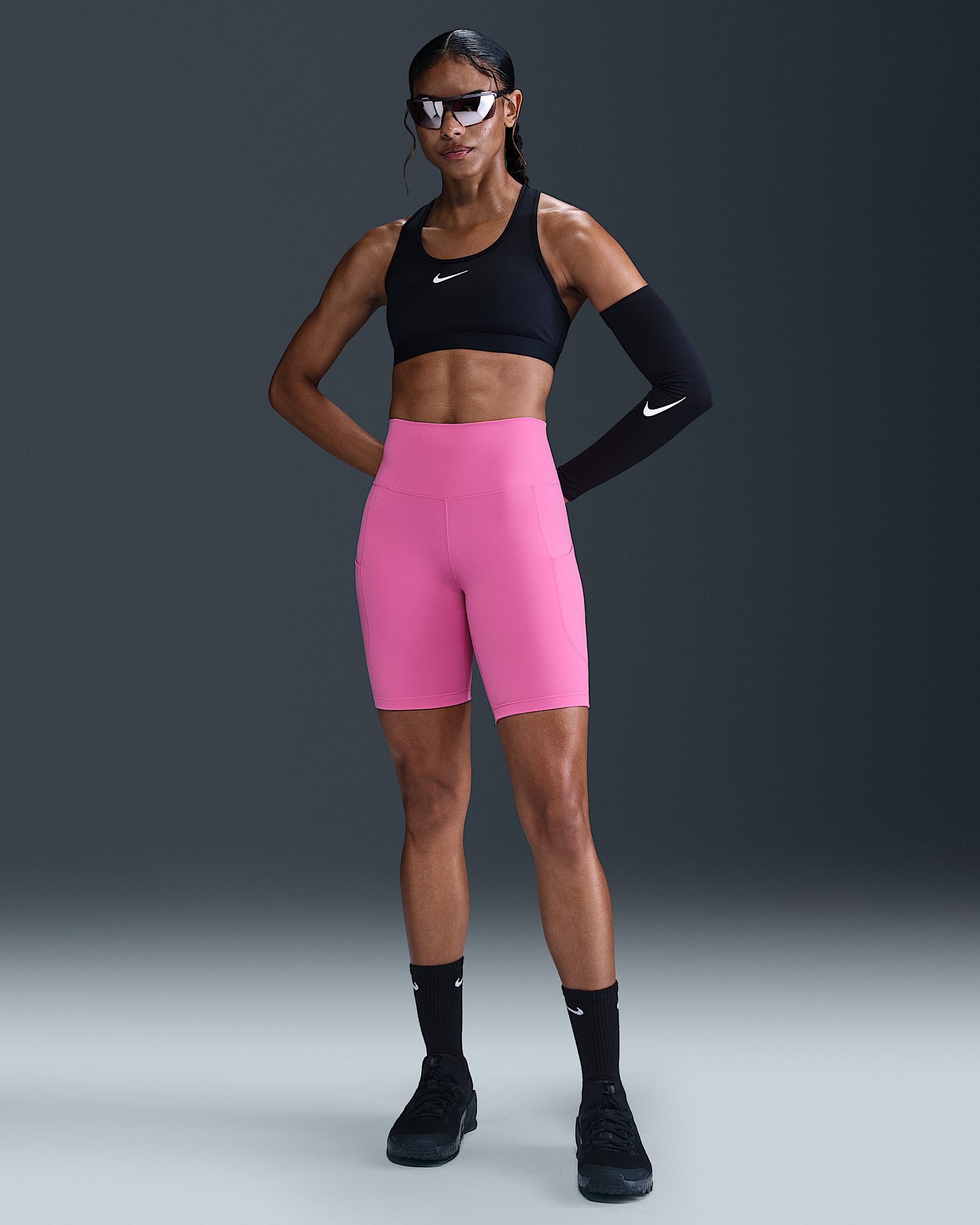 Nike One Women's High-Waisted 8" Biker Shorts with Pockets - Playful Pink/Black
