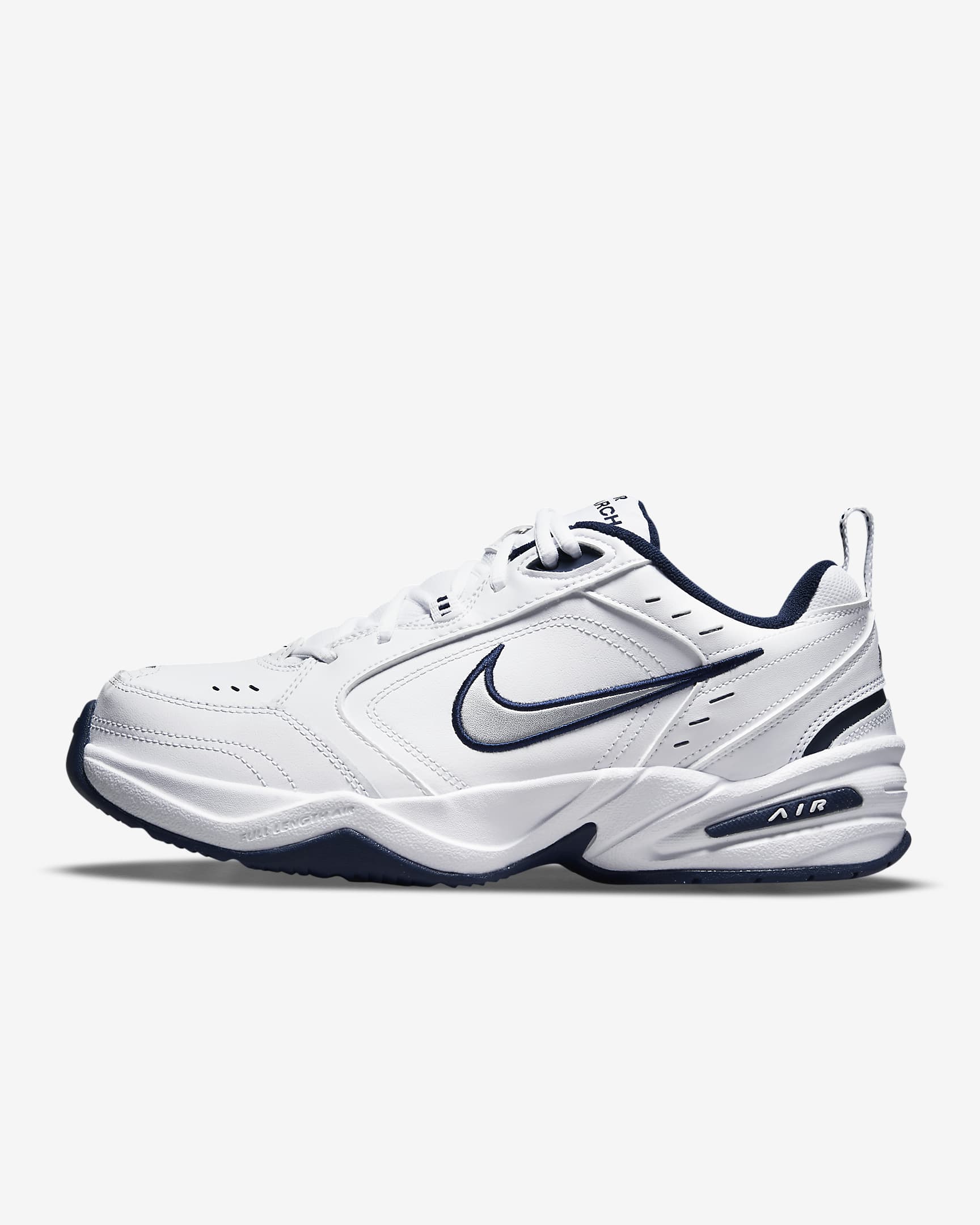 Nike Air Monarch IV-træningssko (ekstra bred) til mænd  - hvid/Midnight Navy/hvid/Metallic Silver