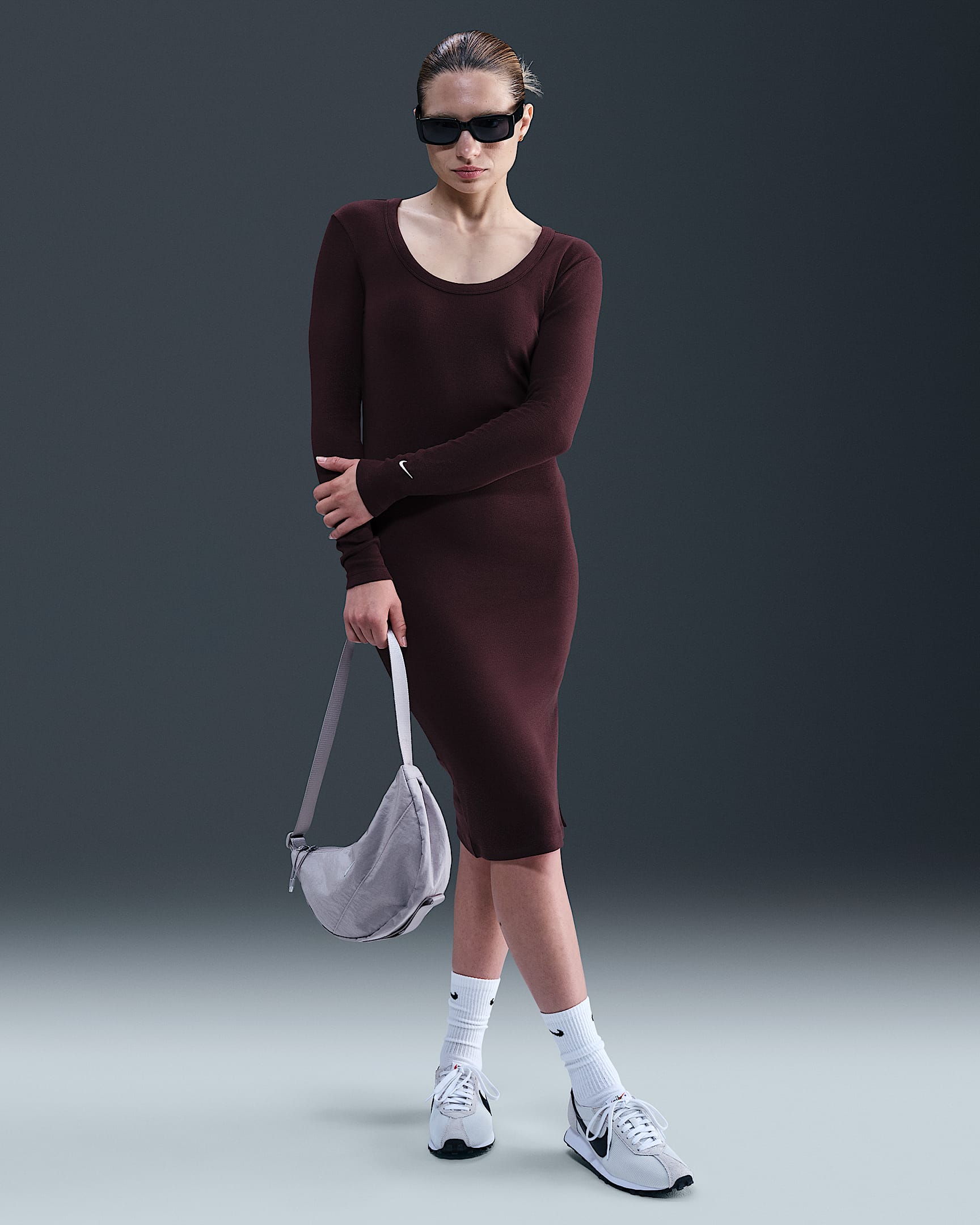 Nike Sportswear Chill Knit Women's Tight Long-Sleeve Midi Mini-Rib Dress - Burgundy Crush/Sail