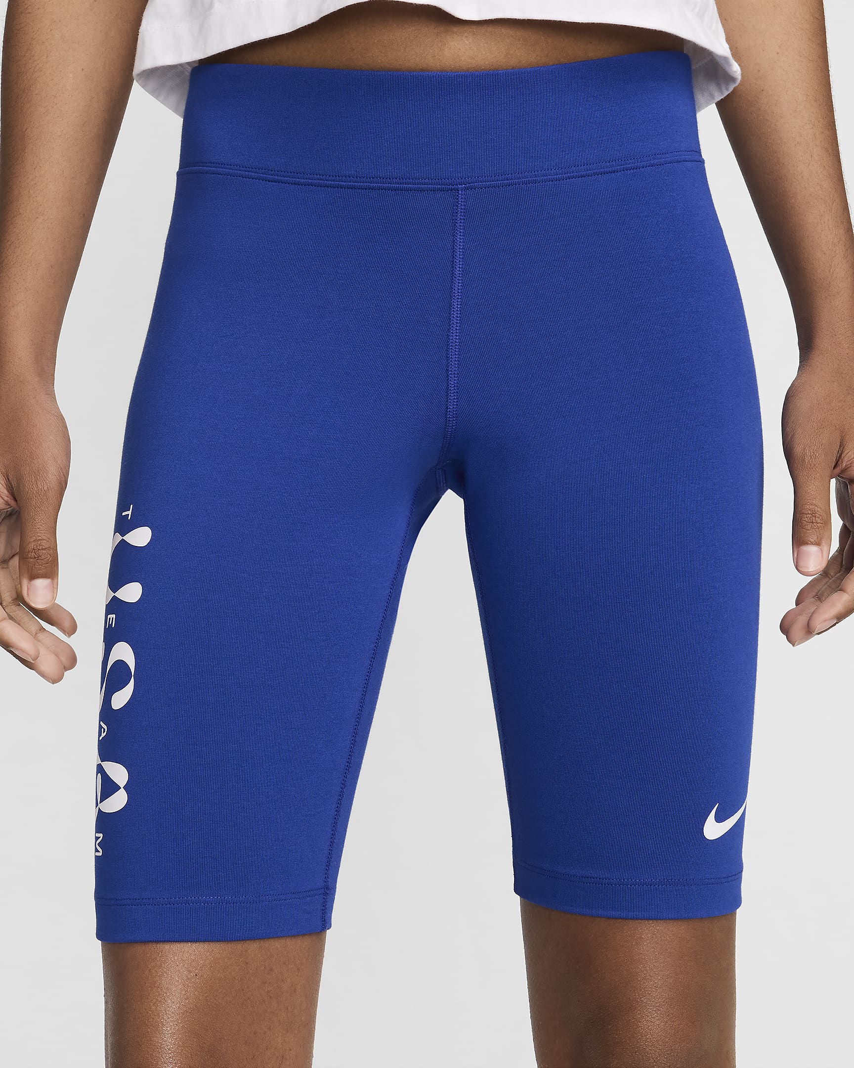 Shorts de ciclismo de tiro medio para mujer Nike Usa Essentials - Azul eléctrico/Blanco