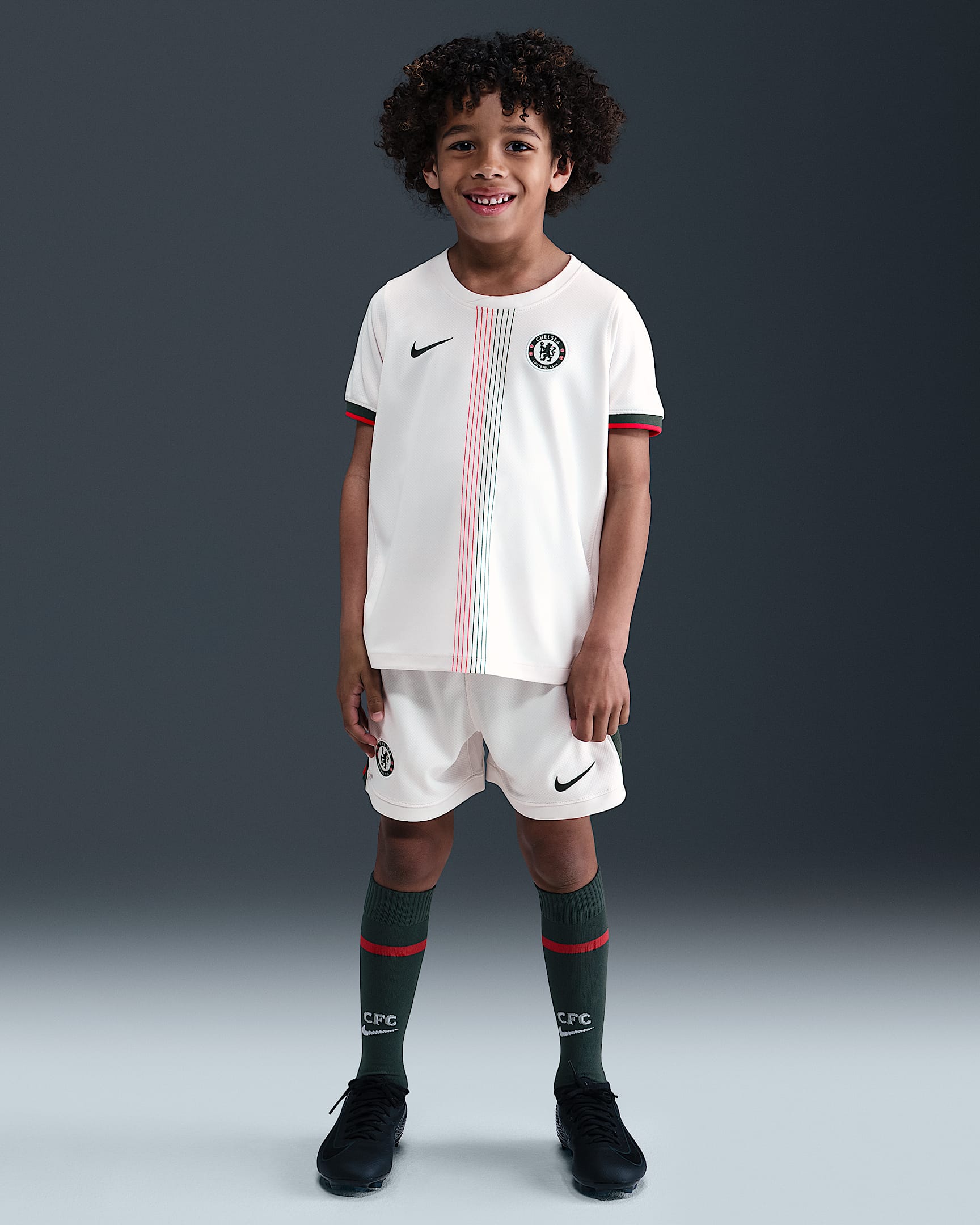 Segunda equipación Stadium Chelsea FC 2025/26 Equipación de tres piezas Replica Nike Football - Niño/a pequeño/a - Phantom/Speed Red/Galactic Jade/Galactic Jade