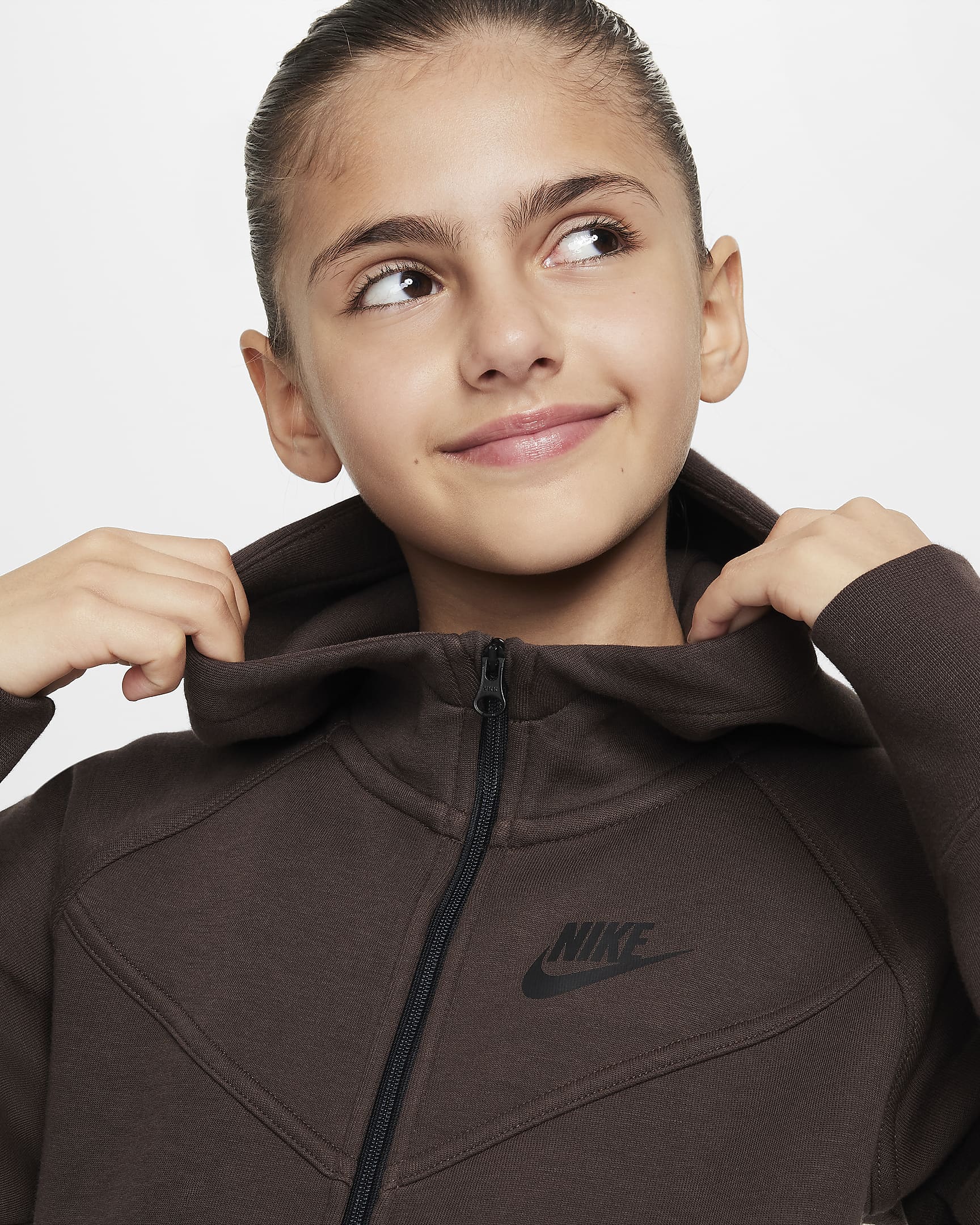 Nike Sportswear Tech Fleece-hættetrøje med lynlås til større børn (piger) - Baroque Brown/sort/sort