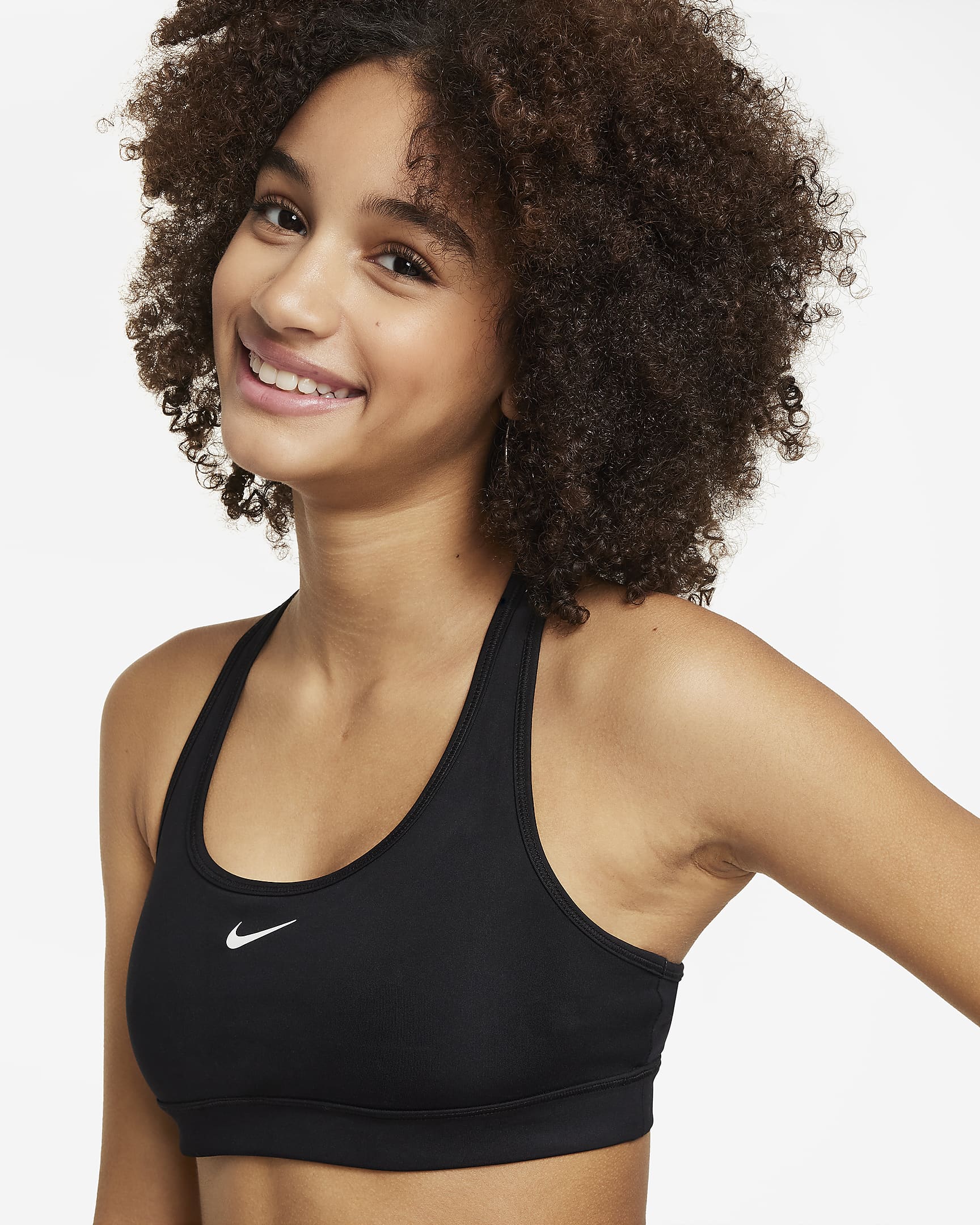 Nike Swoosh sports-BH til store barn (jente) - Svart/Hvit