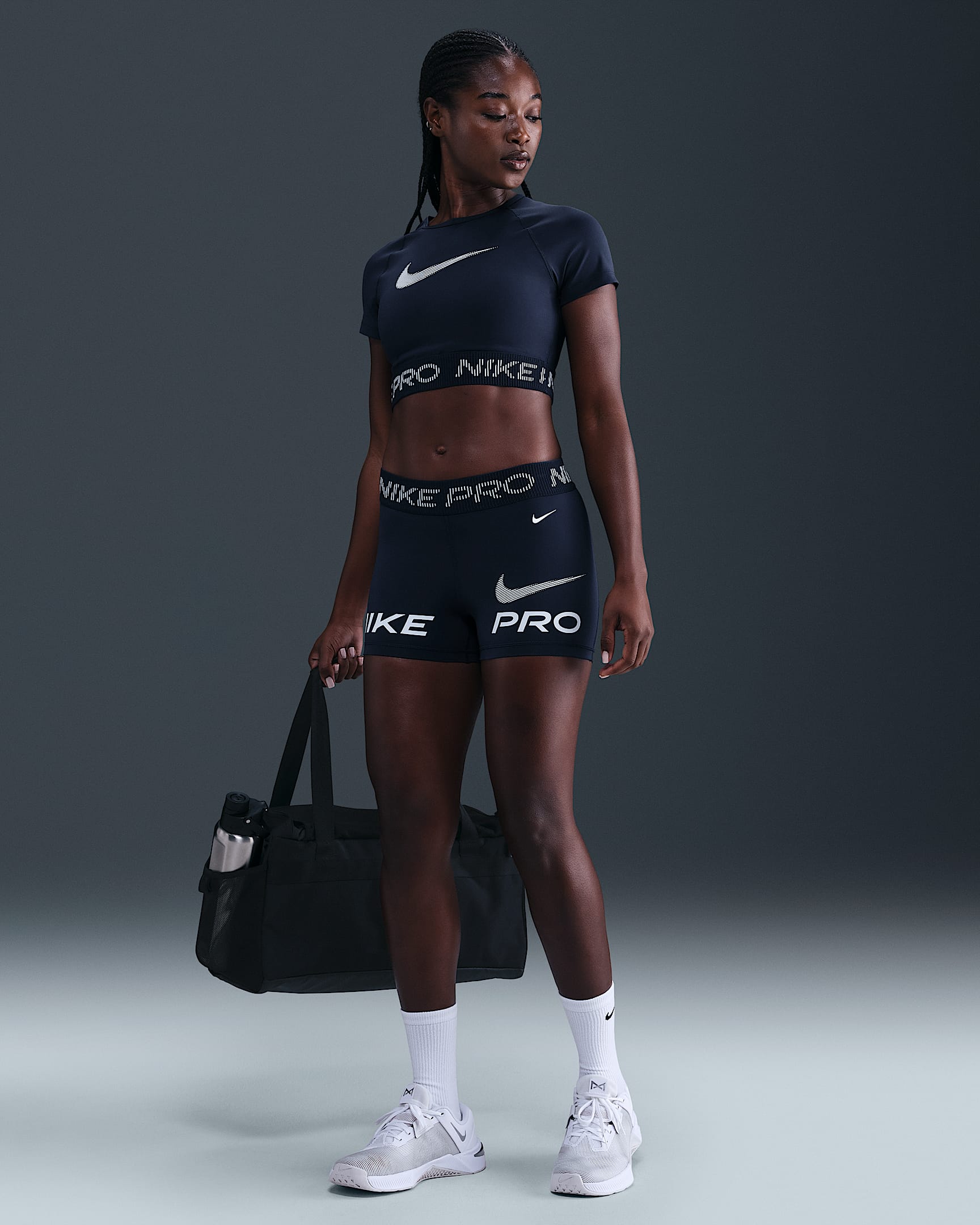 Nike Pro Women's Mid-Rise 3" Biker Shorts - Midnight Navy/Football Grey/White