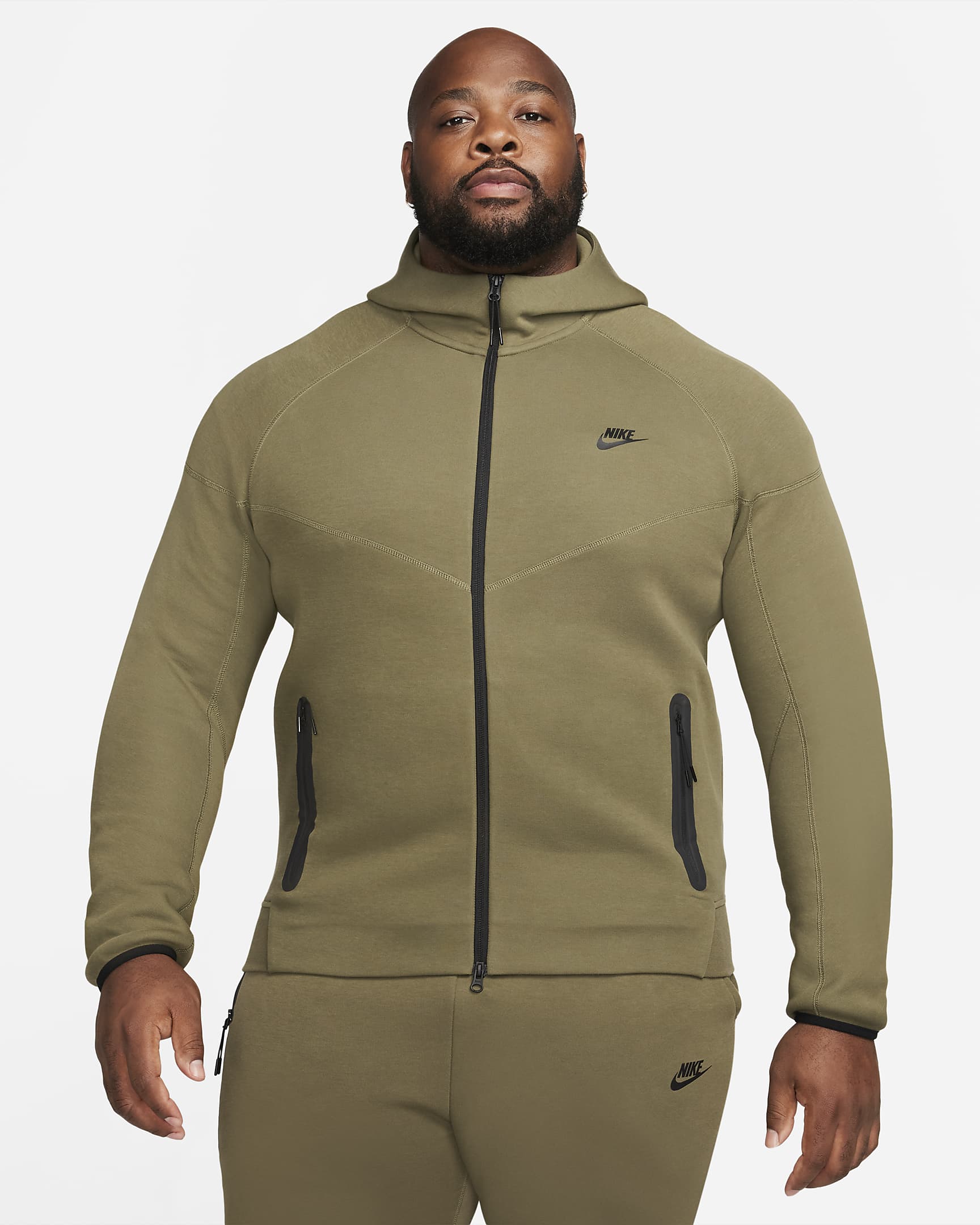 Pánská mikina s kapucí a dlouhým zipem Nike Sportswear Tech Fleece Windrunner - Medium Olive/Černá