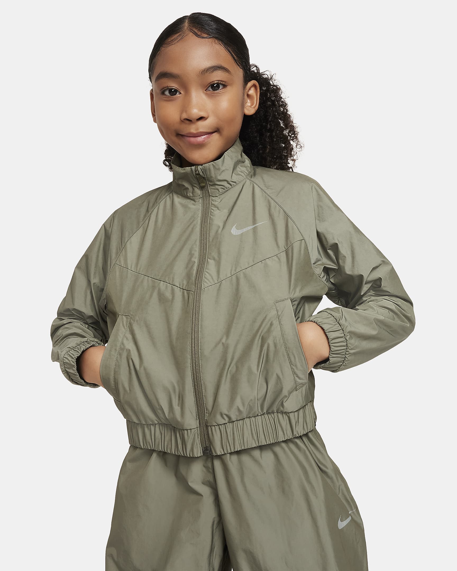 Nike Sportswear Windrunner Big Kids' (Girls') Loose Jacket - Medium Olive/Light Bone