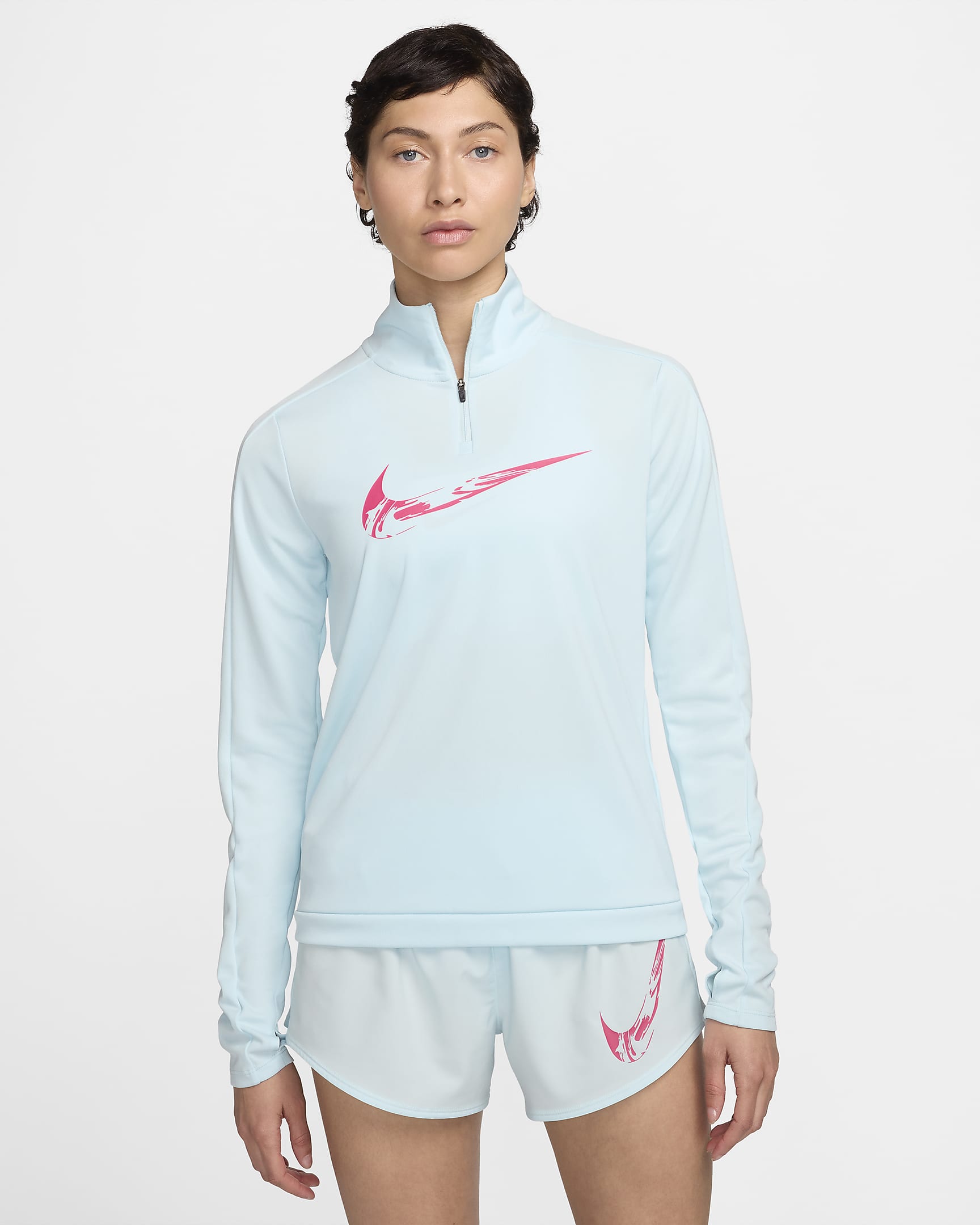 Damska środkowa warstwa ubioru do biegania z zamkiem 1/4 Dri-FIT Nike Swoosh - Glacier Blue/Aster Pink