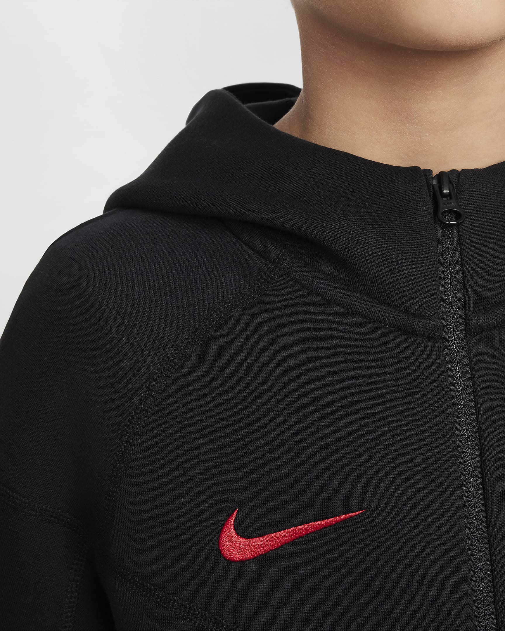 Sudadera con gorro de fútbol Nike de cierre completo para niños talla grande Liverpool FC Tech Fleece - Negro/Negro/Negro/Rojo gimnasio