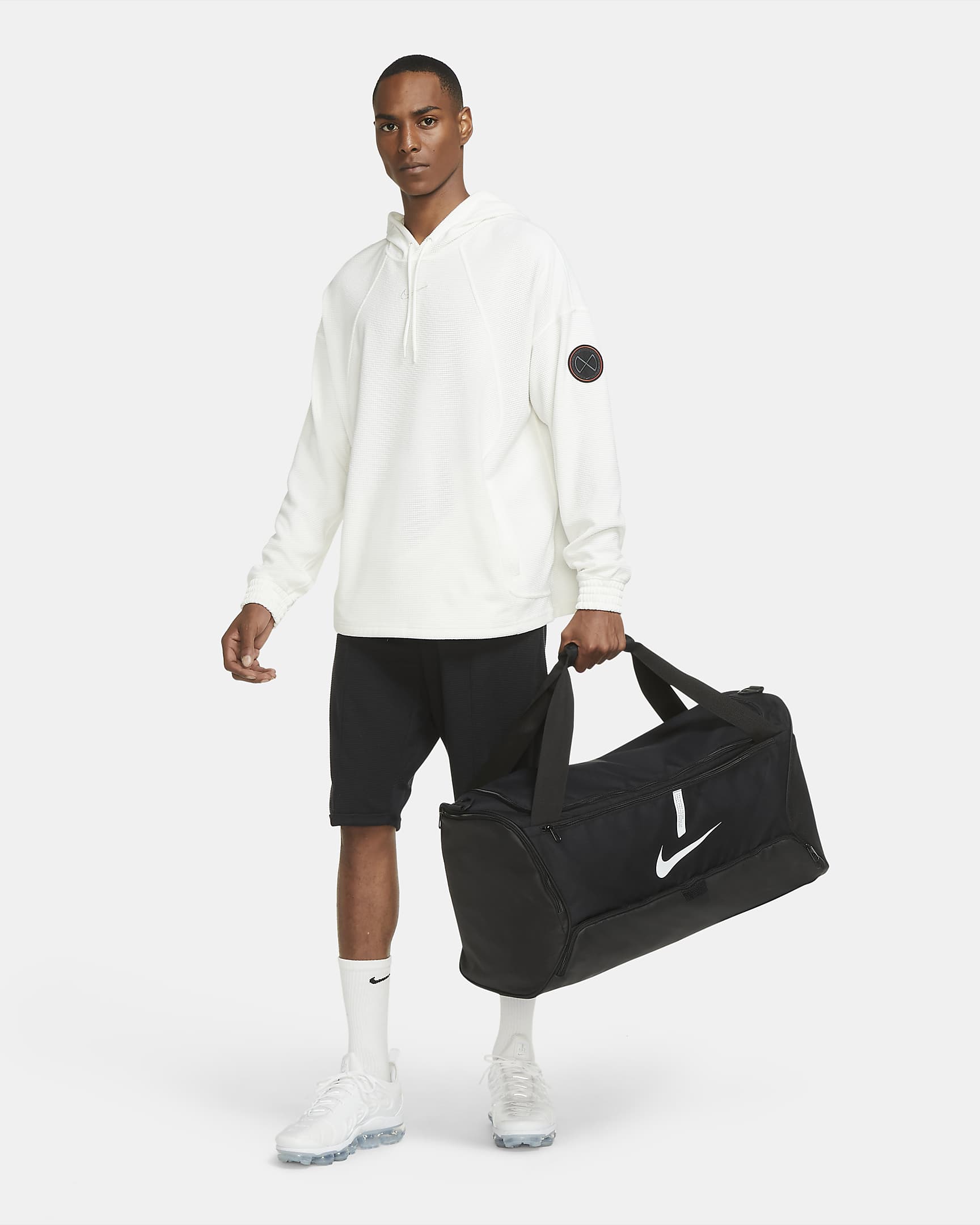 Nike Academy Team Football Duffel Bag (Medium, 60L) - Black/Black/White