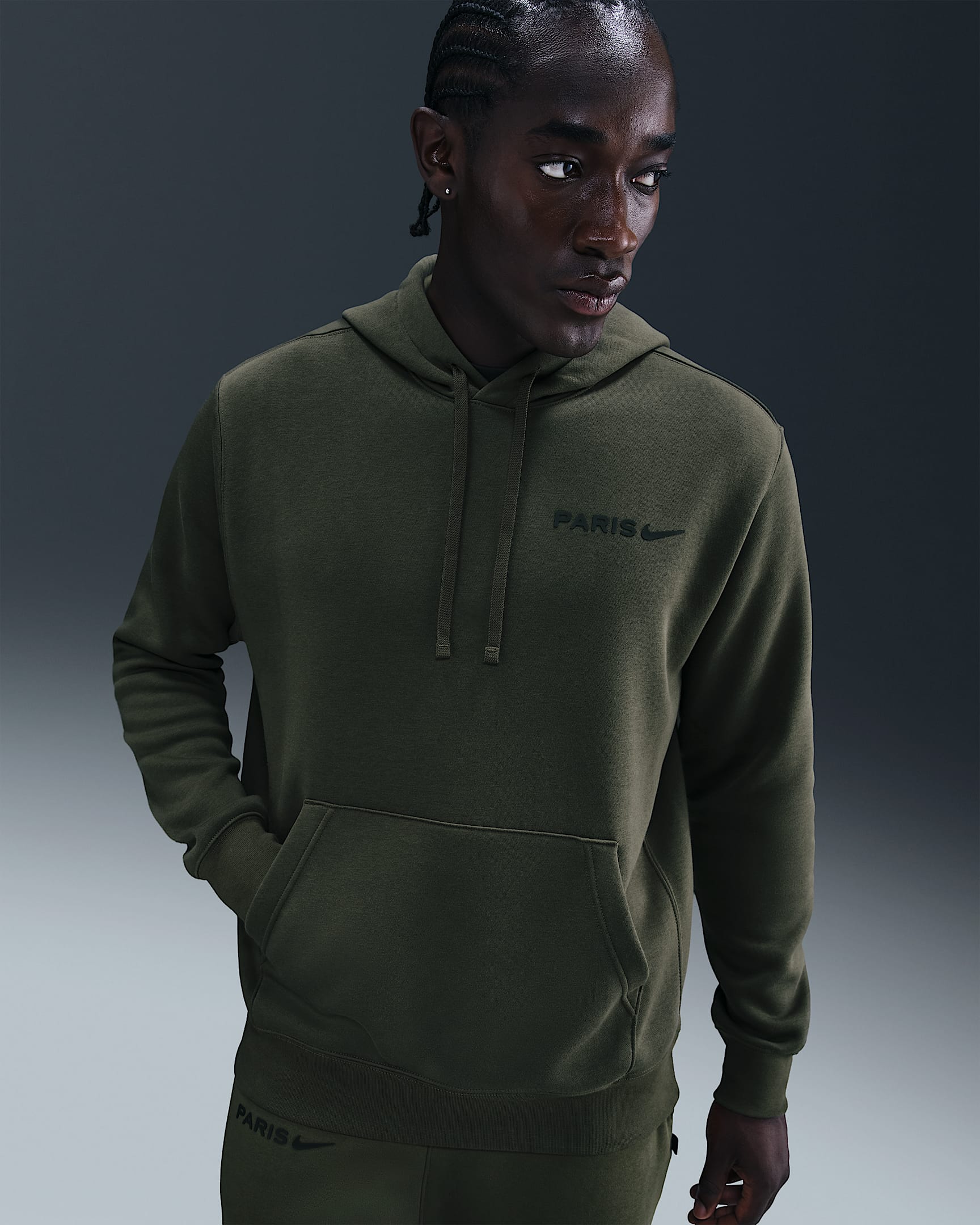 Paris Saint-Germain Club Men's Nike Football Fleece Pullover Hoodie - Cargo Khaki/Black