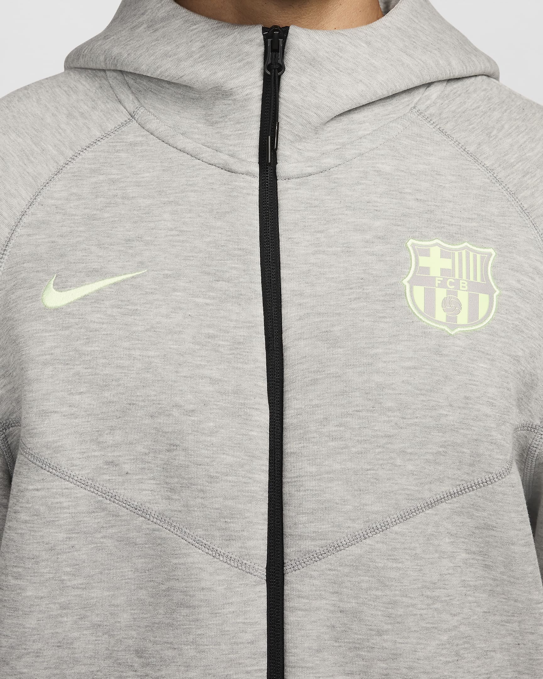 Męska piłkarska bluza z kapturem i zamkiem na całej długości Nike FC Barcelona Tech Fleece Windrunner (wersja trzecia) - Dark Grey Heather/Barely Volt