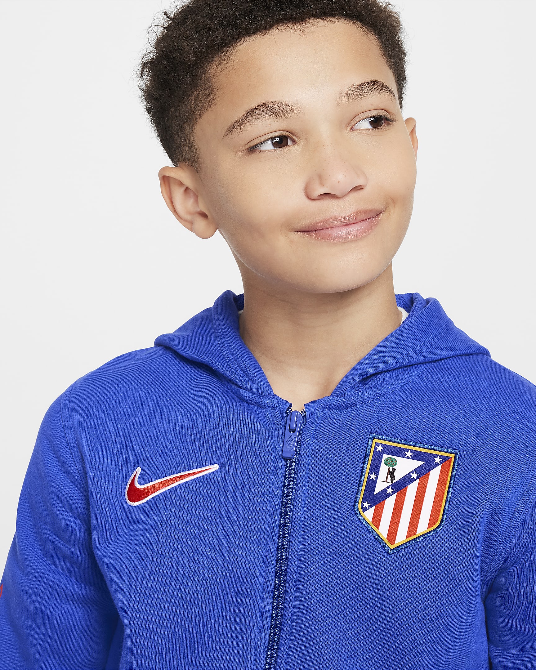 Felpa da calcio con cappuccio e zip a tutta lunghezza Nike Atlético de Madrid Club per ragazzo – Home - Game Royal/Light Crimson