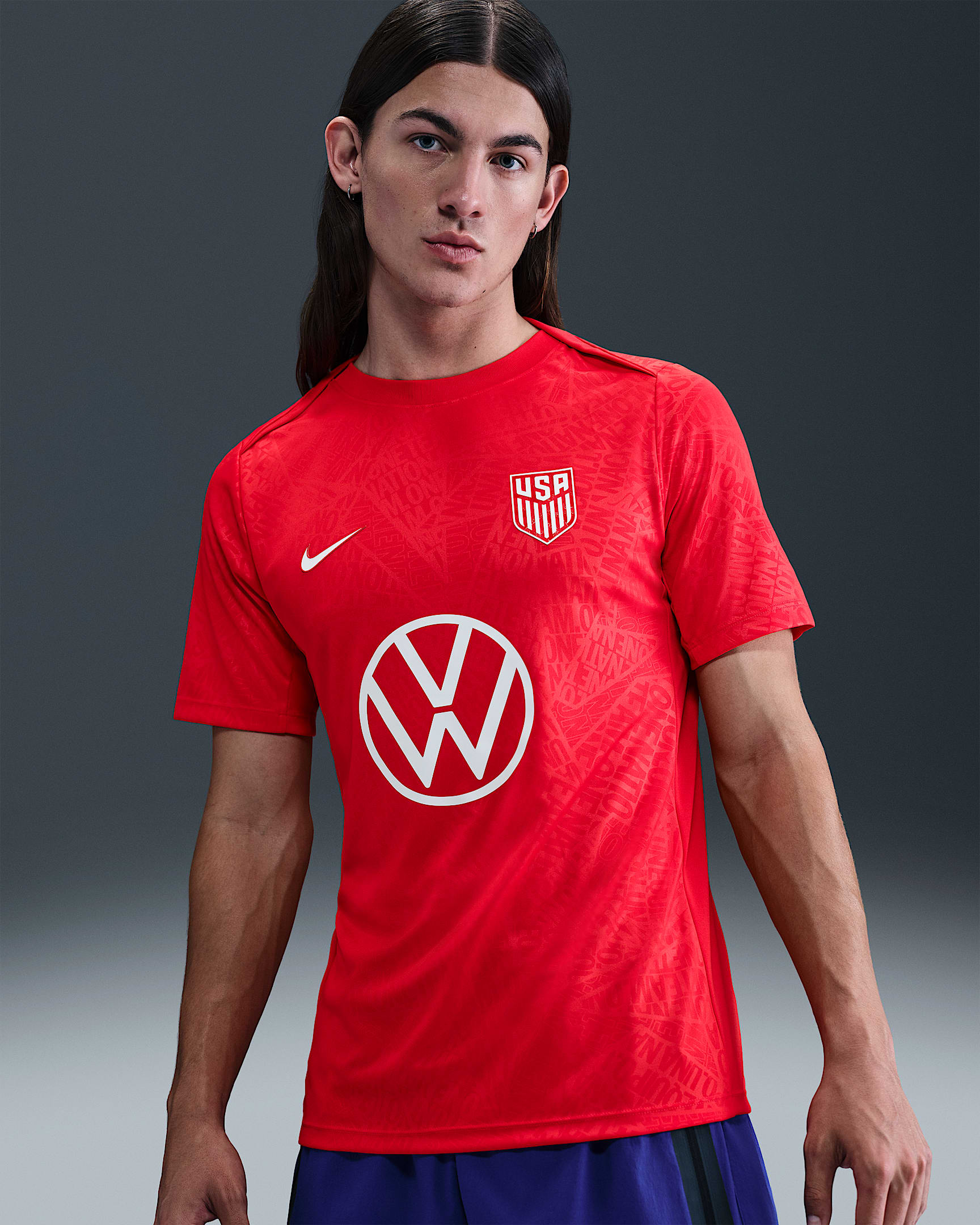 Playera de fútbol de manga corta Nike Dri-FIT para antes del partido para hombre USMNT Academy Pro - Rojo reto/Blanco