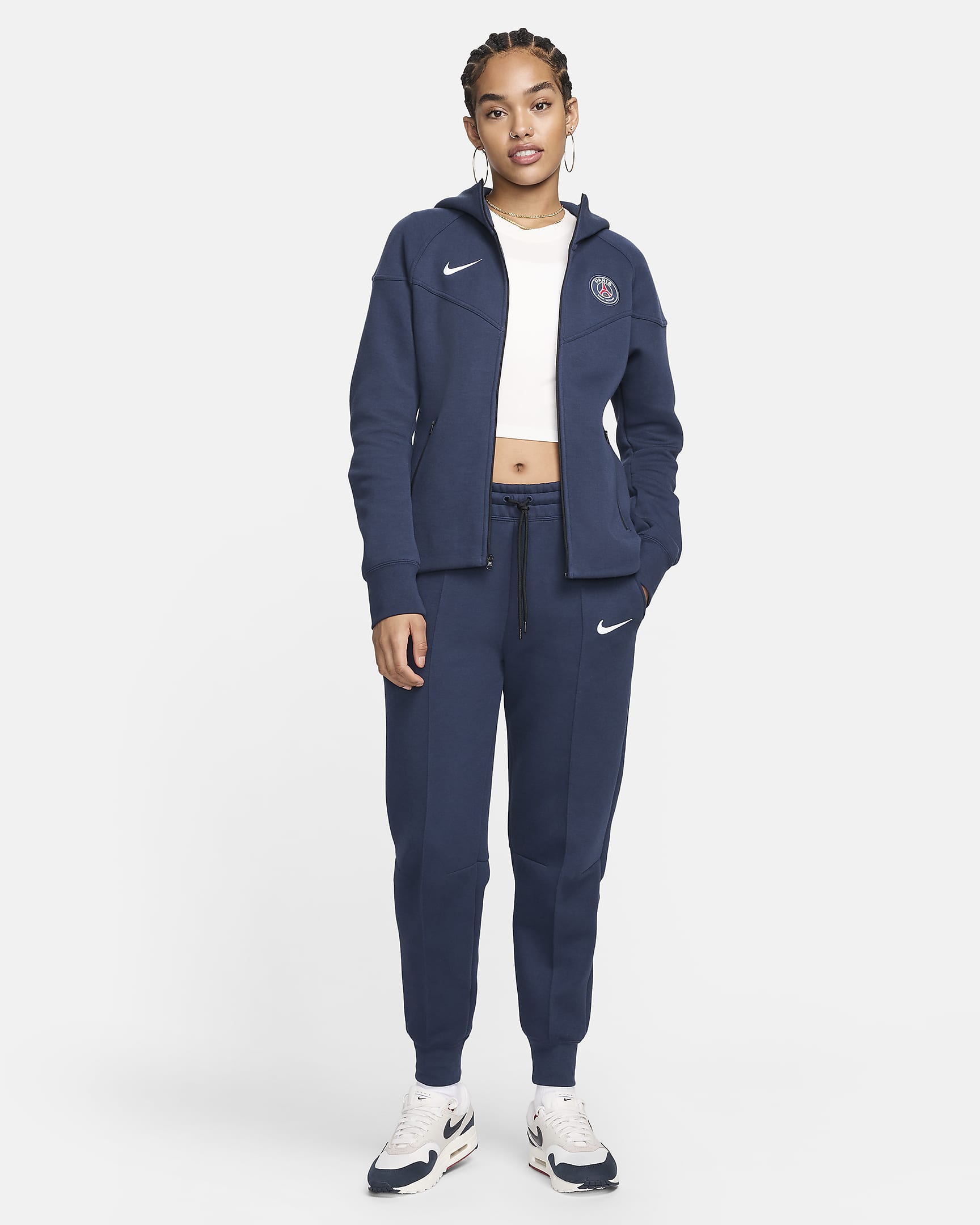 Paris Saint-Germain Tech Fleece Nike Football joggebukse med mellomhøyt liv til dame - Midnight Navy/Hvit