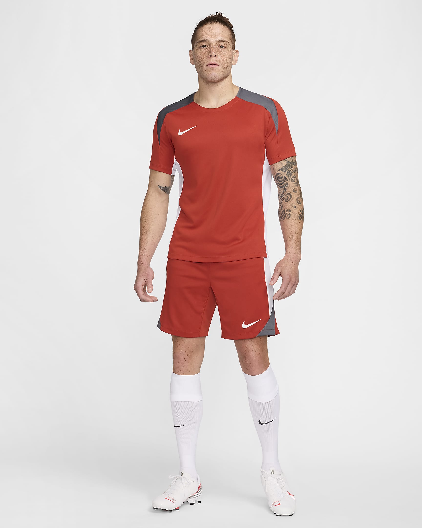 Męskie spodenki piłkarskie Dri-FIT Nike Strike - Dragon Red/Biel/Iron Grey/Biel