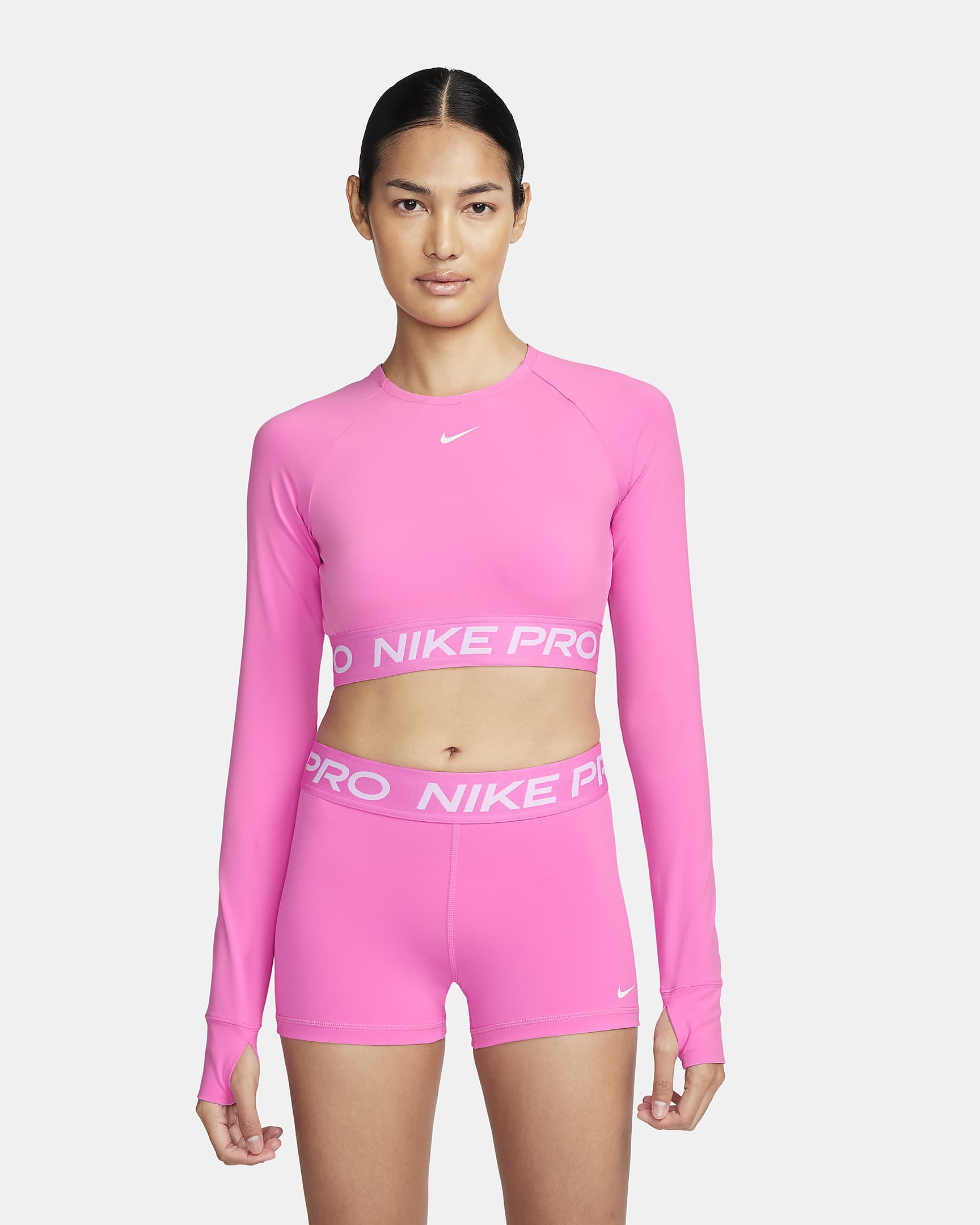 Haut court à manches longues Dri-FIT Nike Pro pour femme - Playful Pink/Blanc