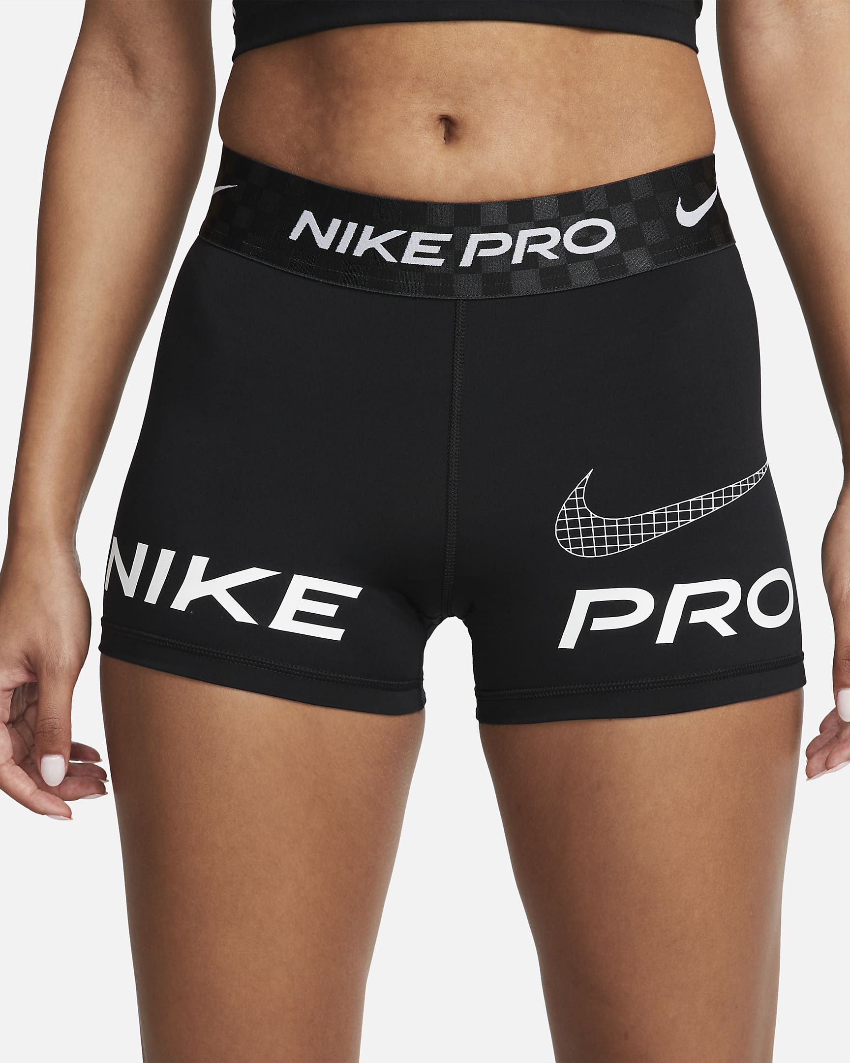 Nike Pro Dri-FIT Grafik-Trainingsshorts mit mittelhohem Bund für Damen (ca. 7,5 cm) - Schwarz/Anthracite/Weiß