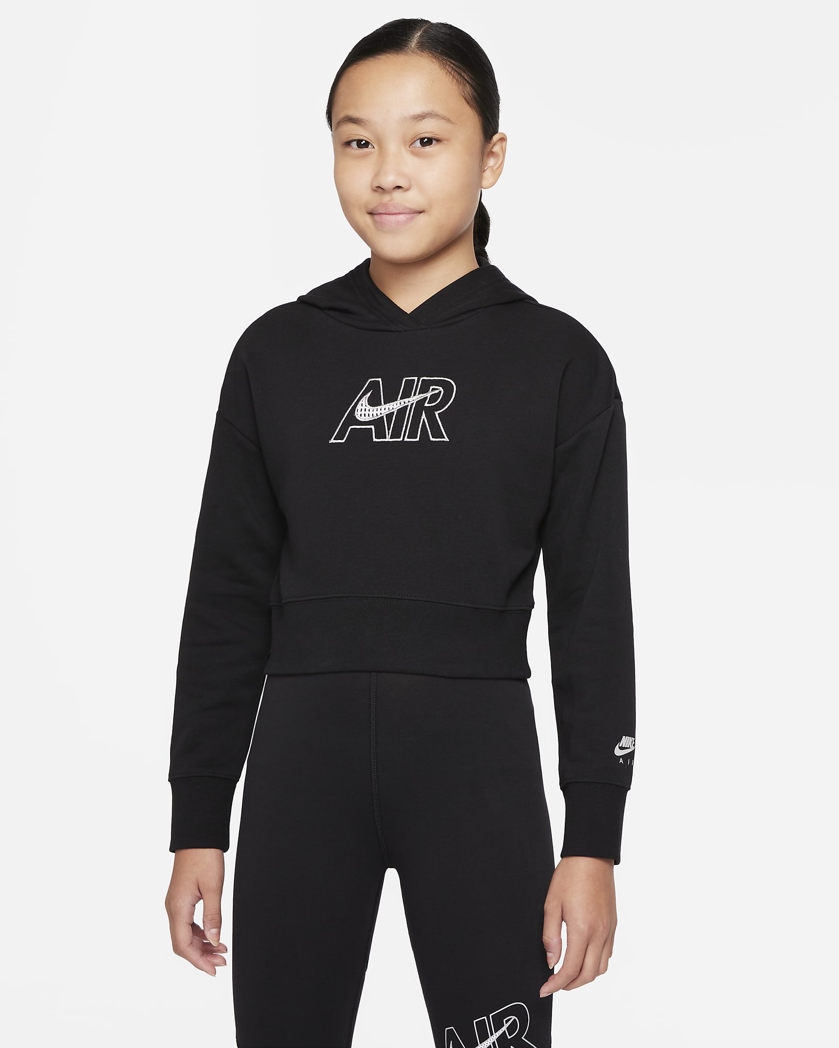 Nike Air Big Kids' (Girls') French Terry Crop Hoodie - Black/White/Light Smoke Grey
