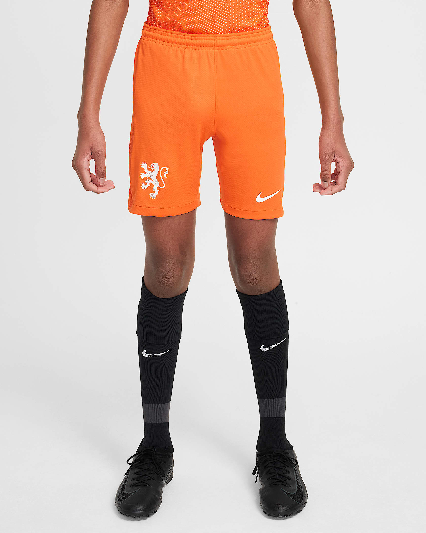 Netherlands 2025/26 Stadium Home Older Kids' Nike Dri-FIT Football Replica Shorts - Safety Orange/White