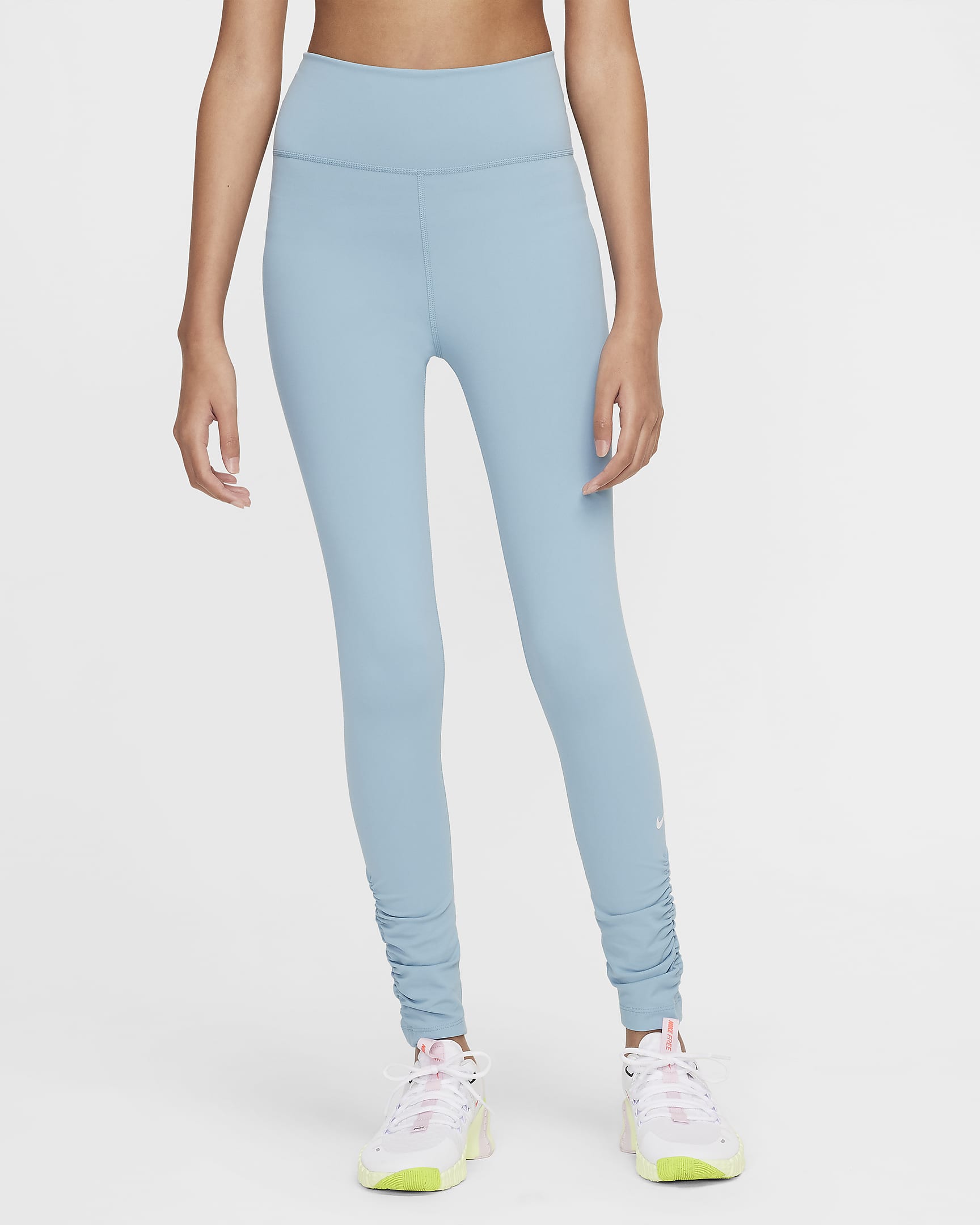 Nike One Girls' Dri-FIT High-Waisted Leggings - Denim Turquoise/White