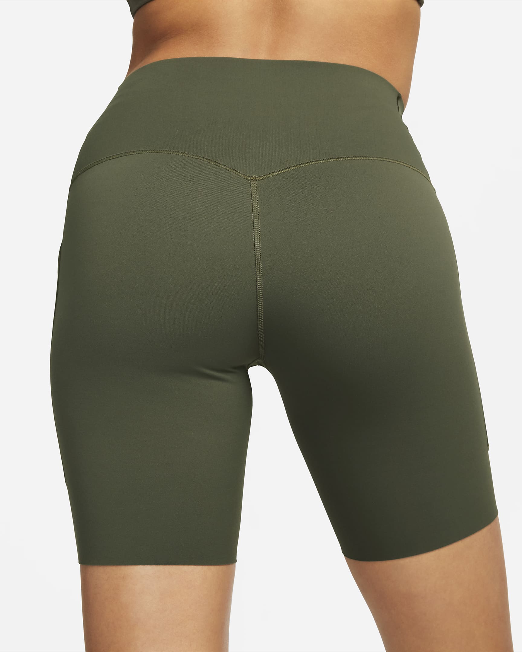 Shorts de ciclismo con bolsillos de 20 cm de tiro alto y media sujeción para mujer Nike Universa - Caqui militar/Negro