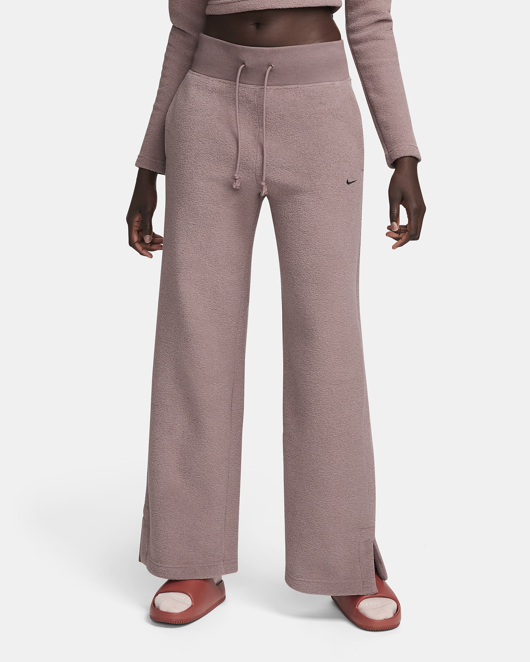 Pantalon ample à taille haute en tissu Fleece confortable Nike Sportswear Phoenix Plush pour femme - Smokey Mauve/Noir