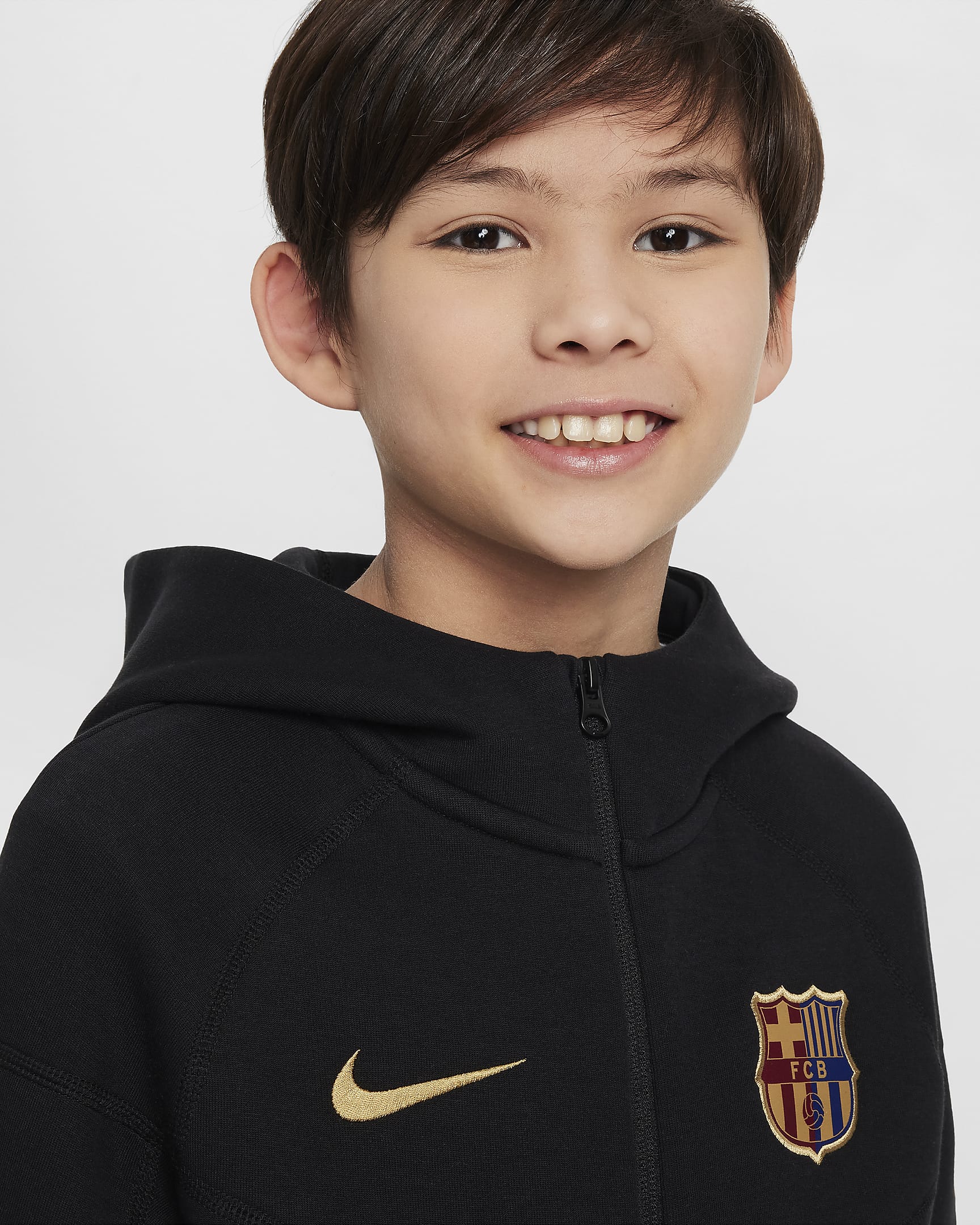 FC Barcelona Tech Fleece Big Kids' (Boys') Nike Soccer Full-Zip Hoodie - Black/Club Gold