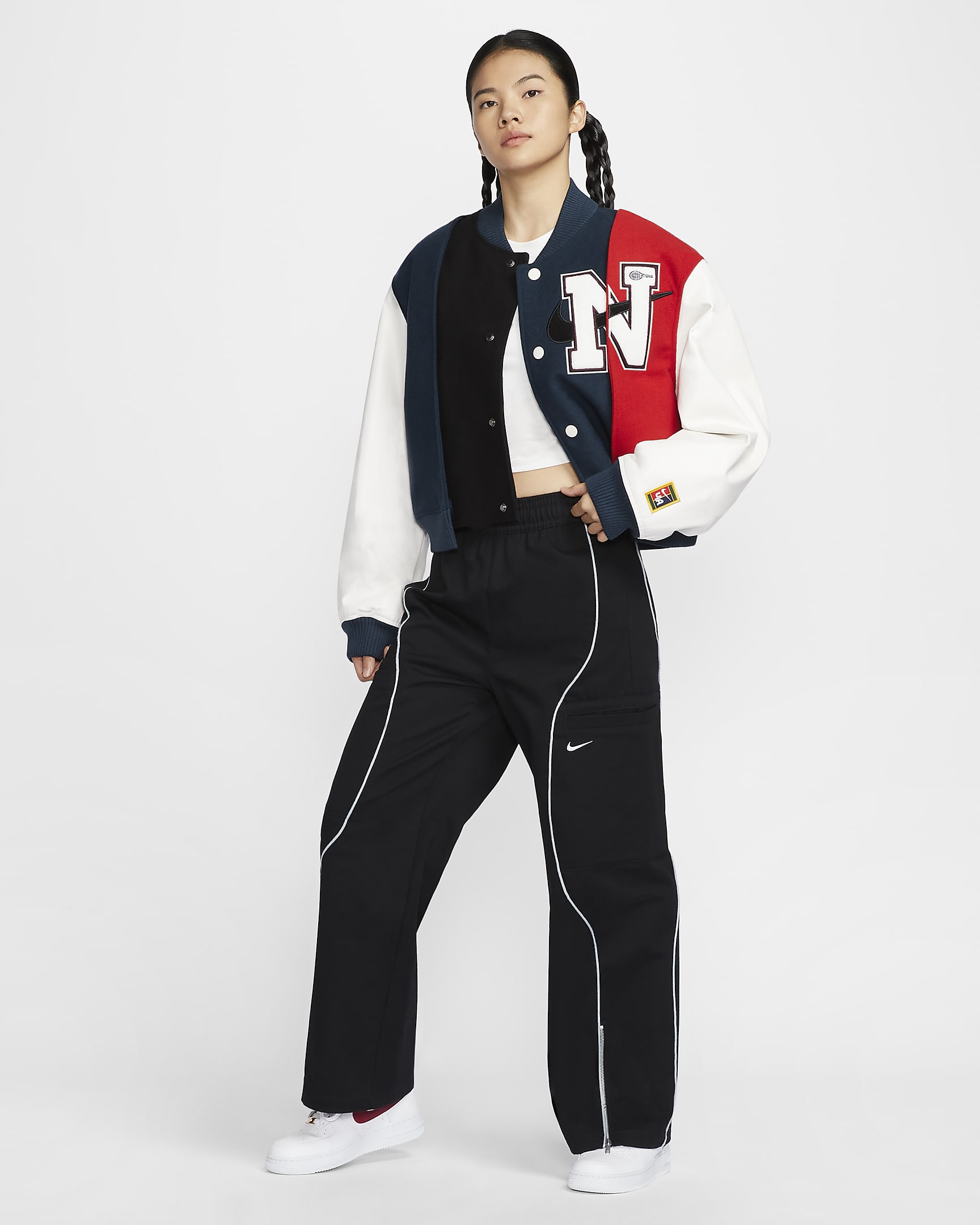 Nike Women by YOON Women's Oversized Varsity Jacket - Black/Armoury Navy/Phantom/White