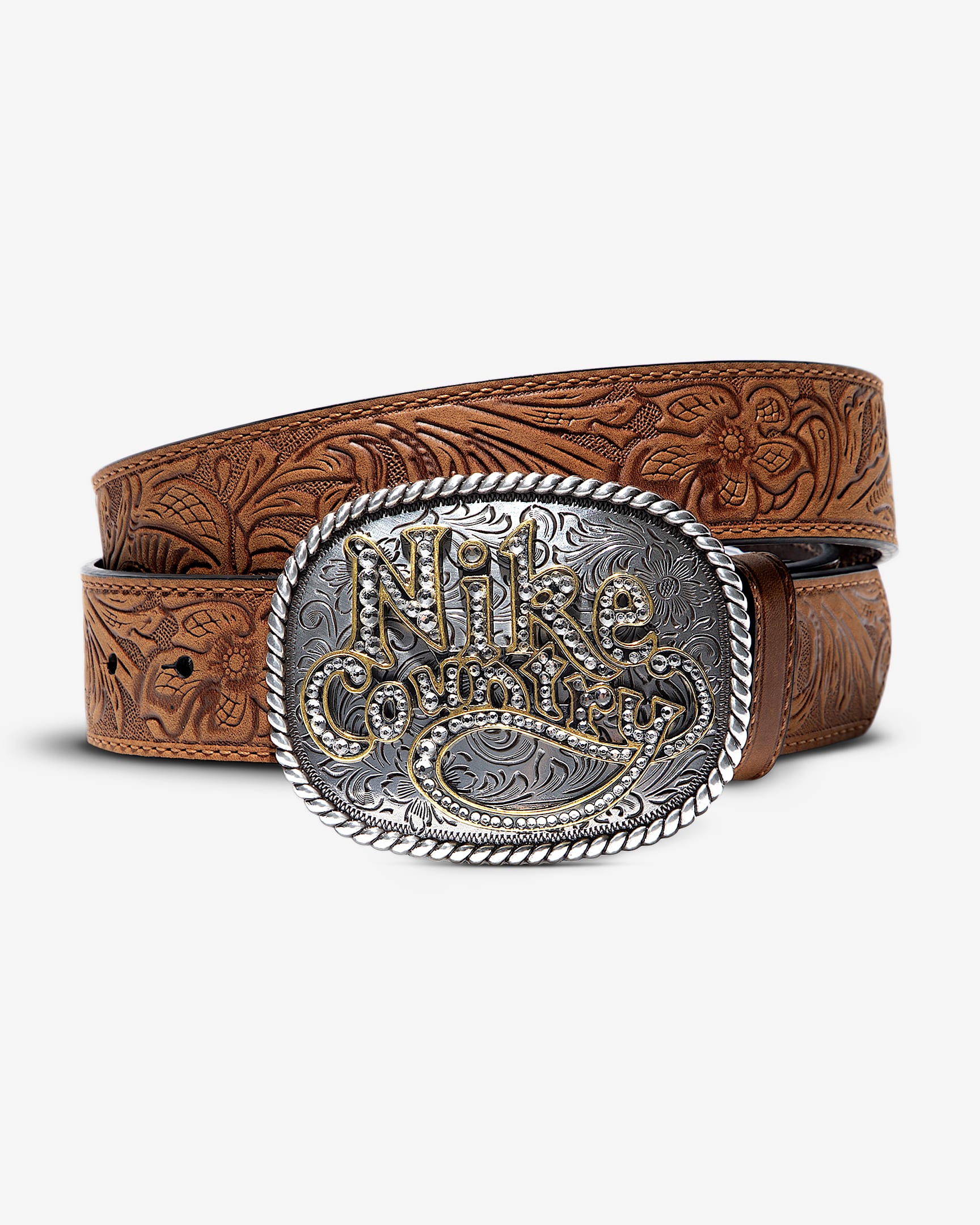 Nike Country Men's Rhinestone Plaque Buckle Embossed Leather Belt - Tan/Beige