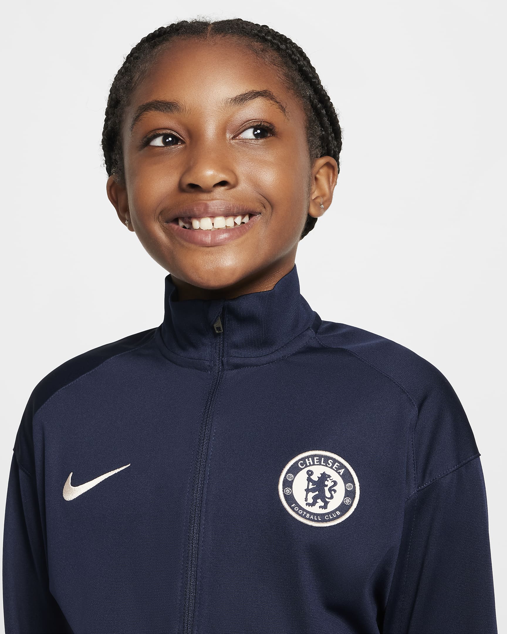 Chelsea F.C. Strike Older Kids' Nike Dri-FIT Football Knit Tracksuit - Obsidian/Light Photo Blue/Guava Ice