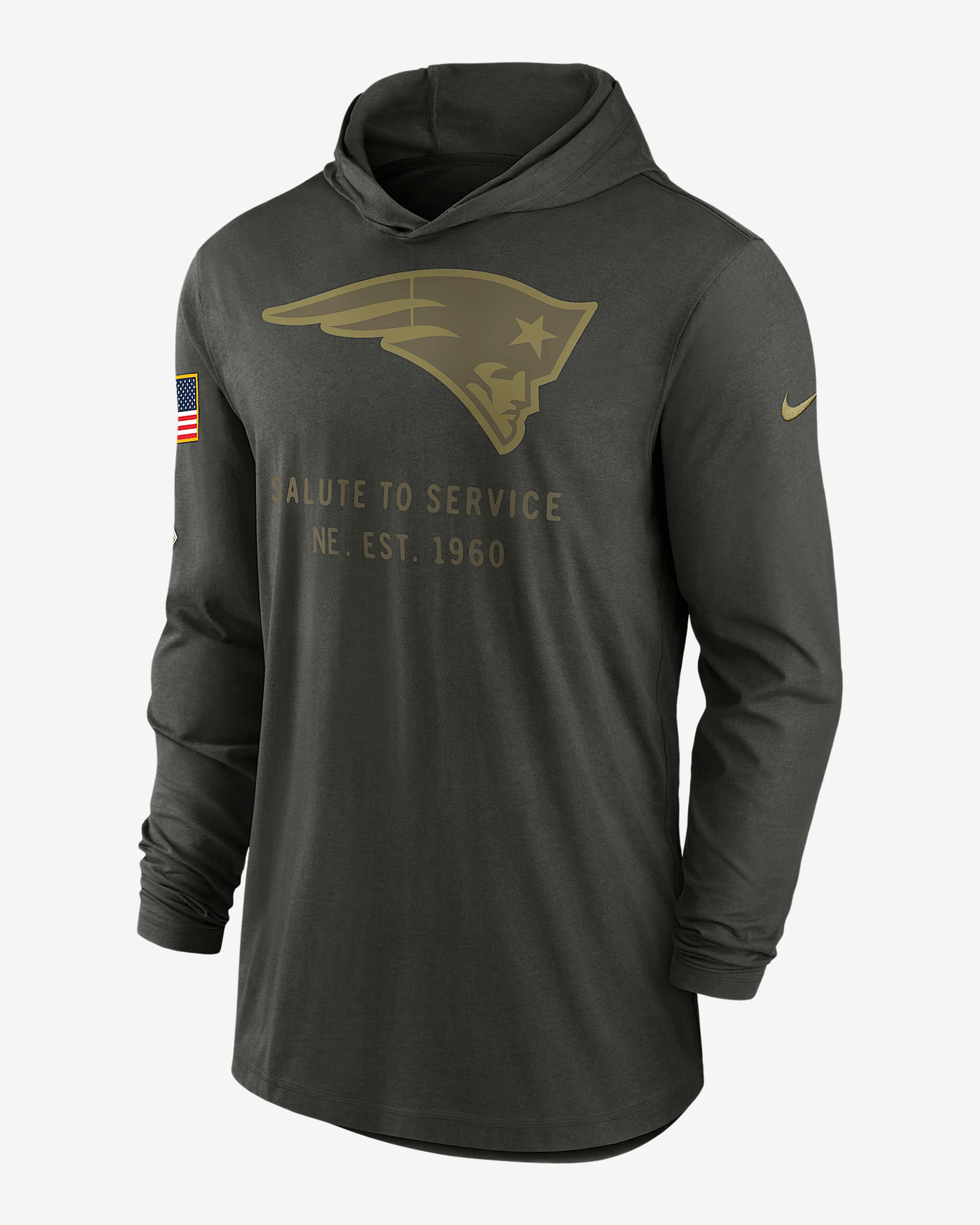 New England Patriots Salute to Service Sideline Men’s Nike Dri-FIT NFL Long-Sleeve Hooded Top - Sequoia