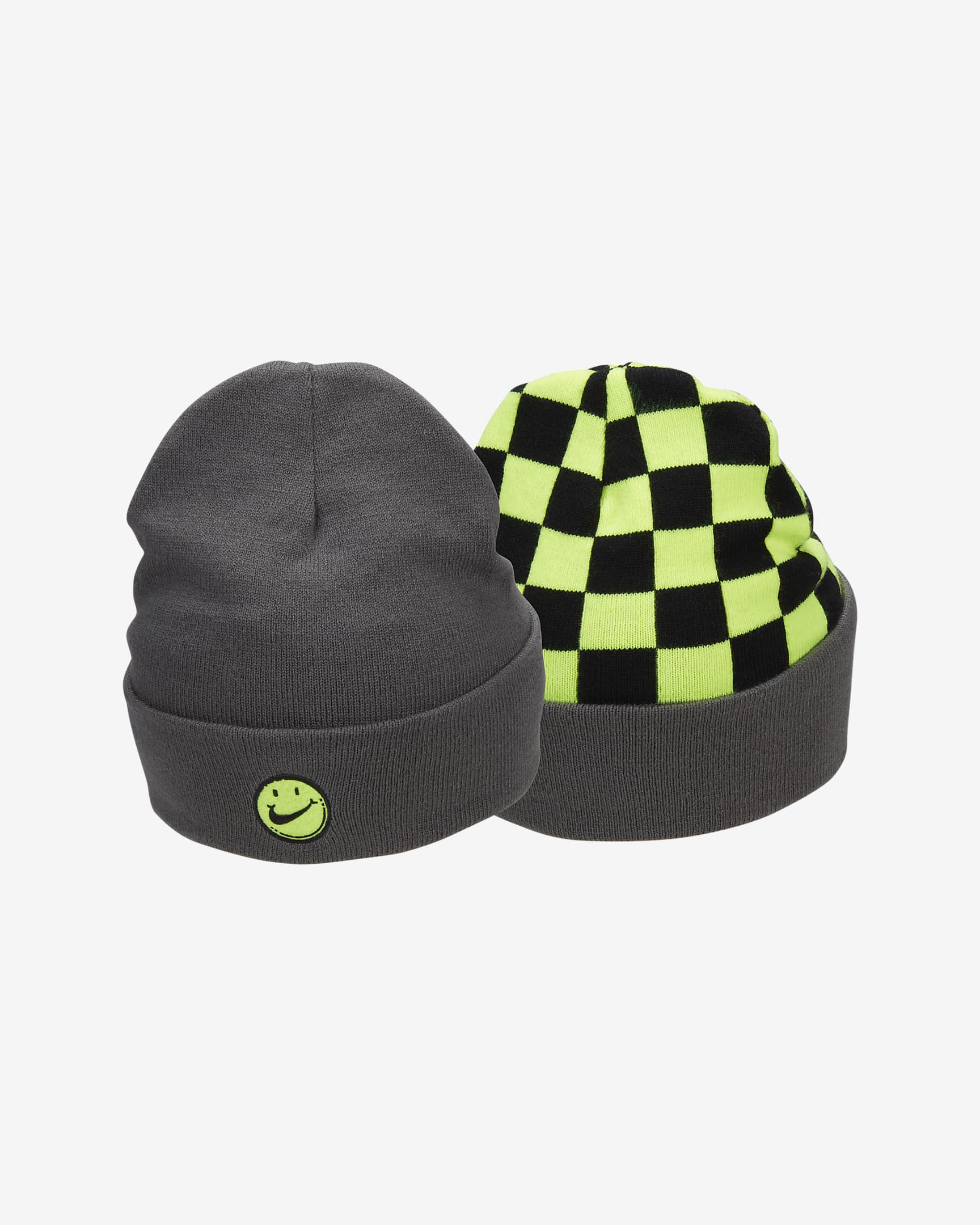 Nike Peak Gorro reversible con doblez elevada con estampado Smiley - Niño/a - Iron Grey/Volt/Volt