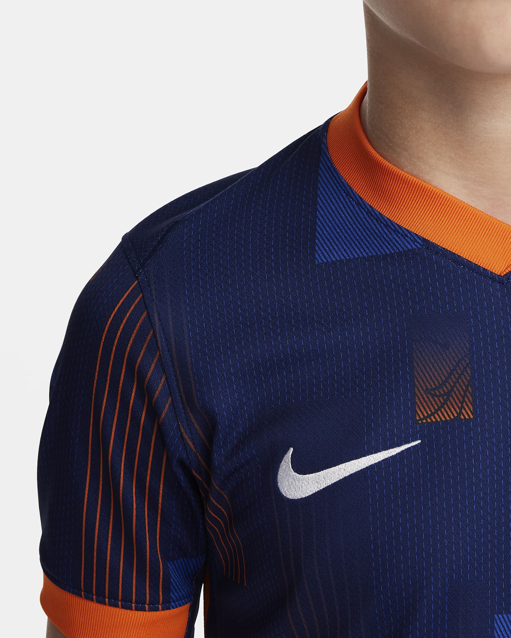 Segona equipació Stadium Països Baixos (selecció masculina) 2024/25 Samarreta de futbol Replica Nike Dri-FIT - Nen/a - Blue Void/Safety Orange/Copa/Blanc