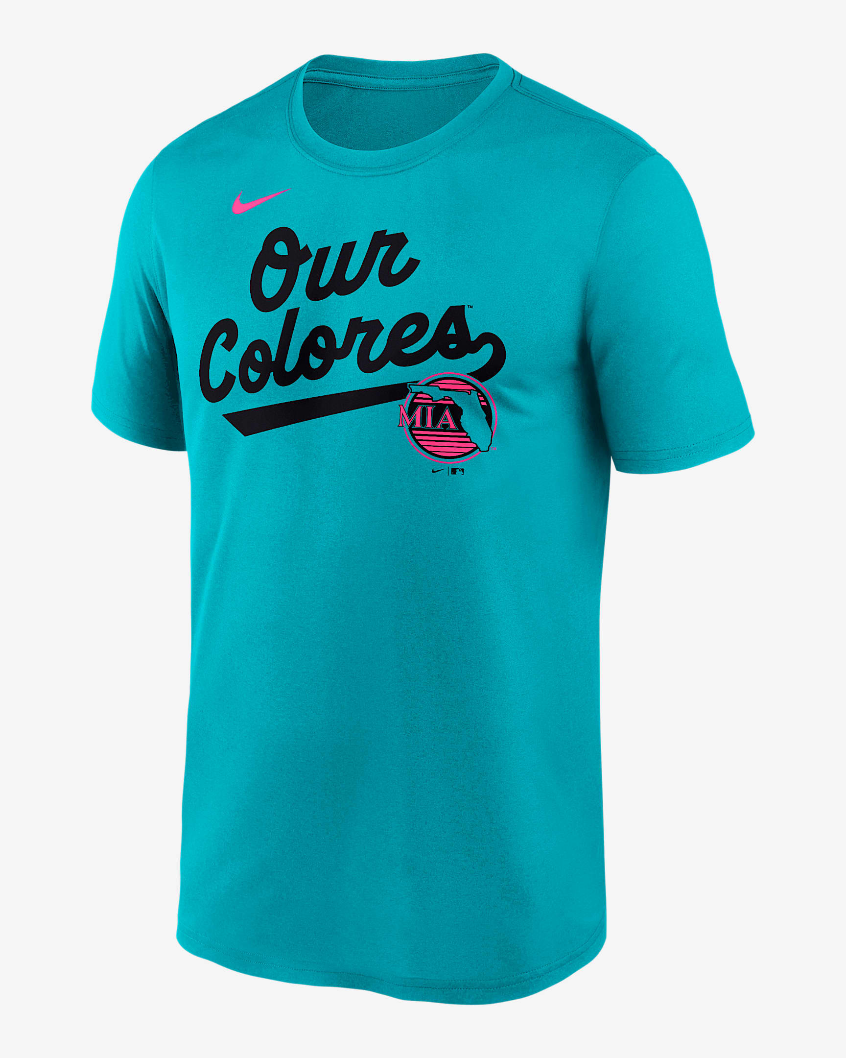 Miami Marlins City Connect Team Phrase Script Legend Men's Nike Dri-FIT MLB T-Shirt - Aqua
