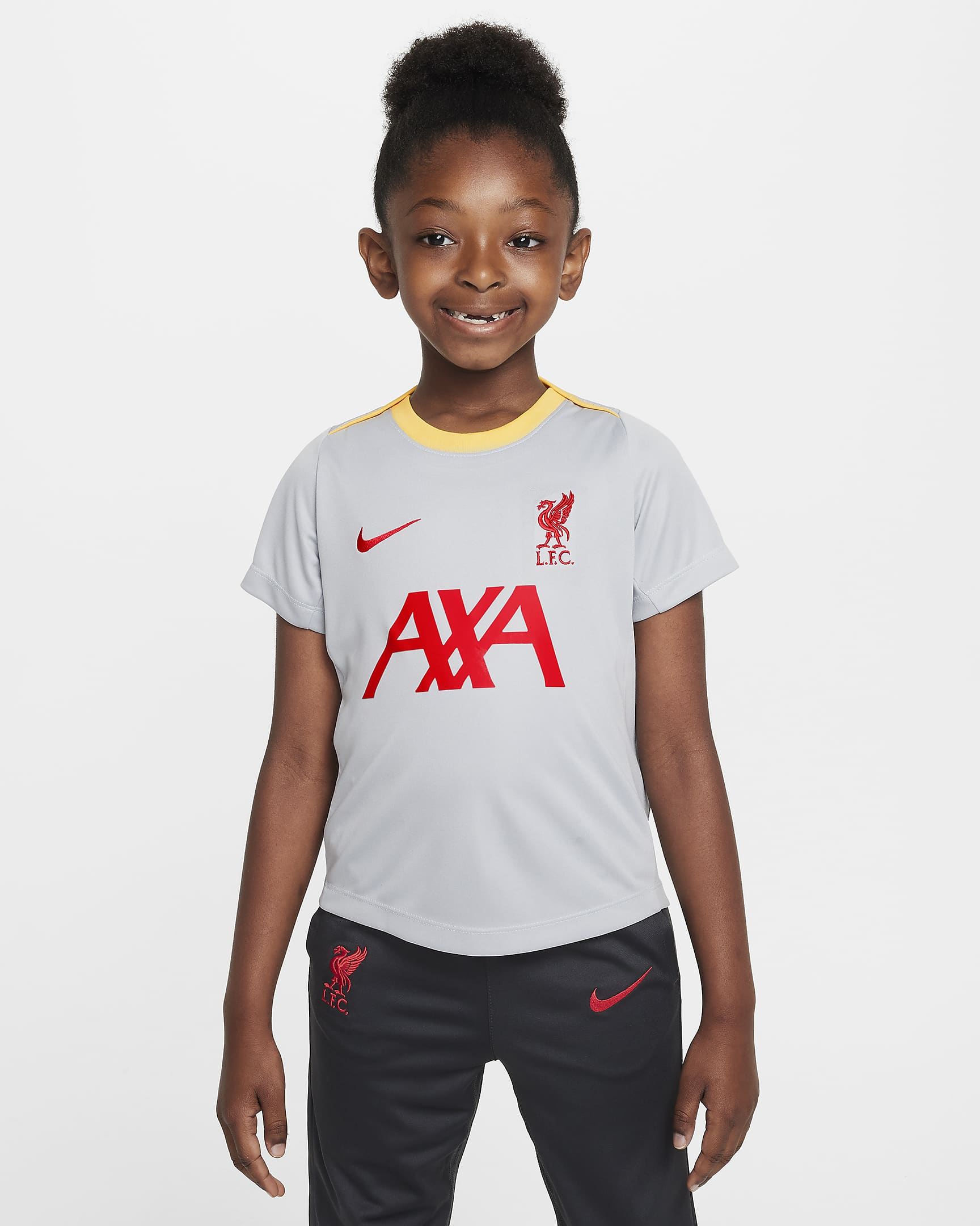 Koszulka piłkarska z krótkim rękawem dla małych dzieci Nike Dri-FIT Liverpool F.C. Academy Pro (wersja trzecia) - Light Smoke Grey/Chrome Yellow/Global Red